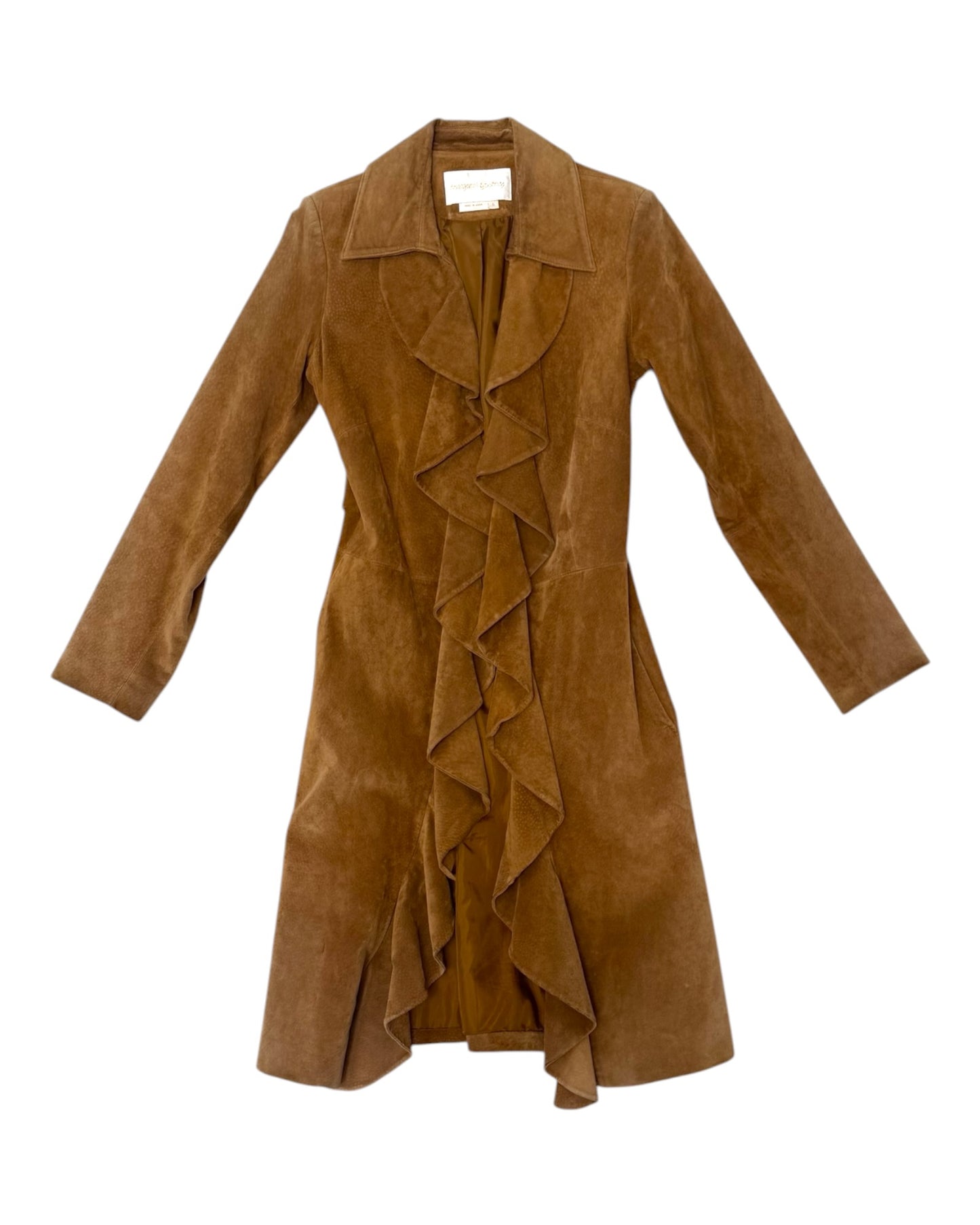 Vintage Suede Long Jacket with Ruffles
