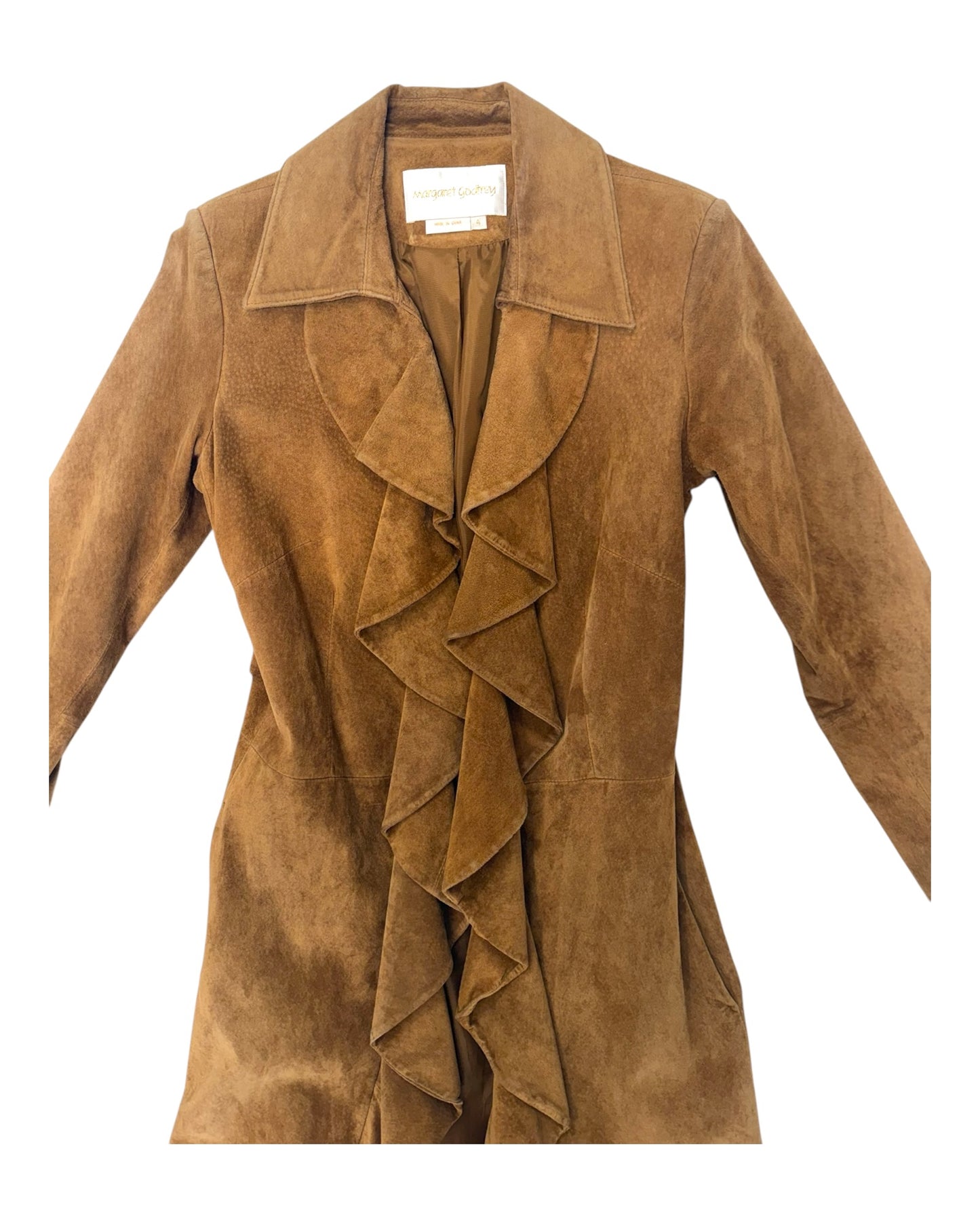 Vintage Suede Long Jacket with Ruffles