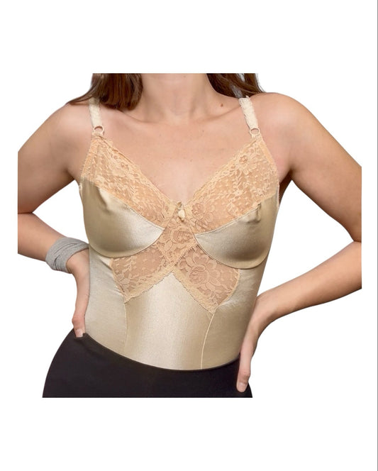 Beige shapewear garment worn by a model on a white background