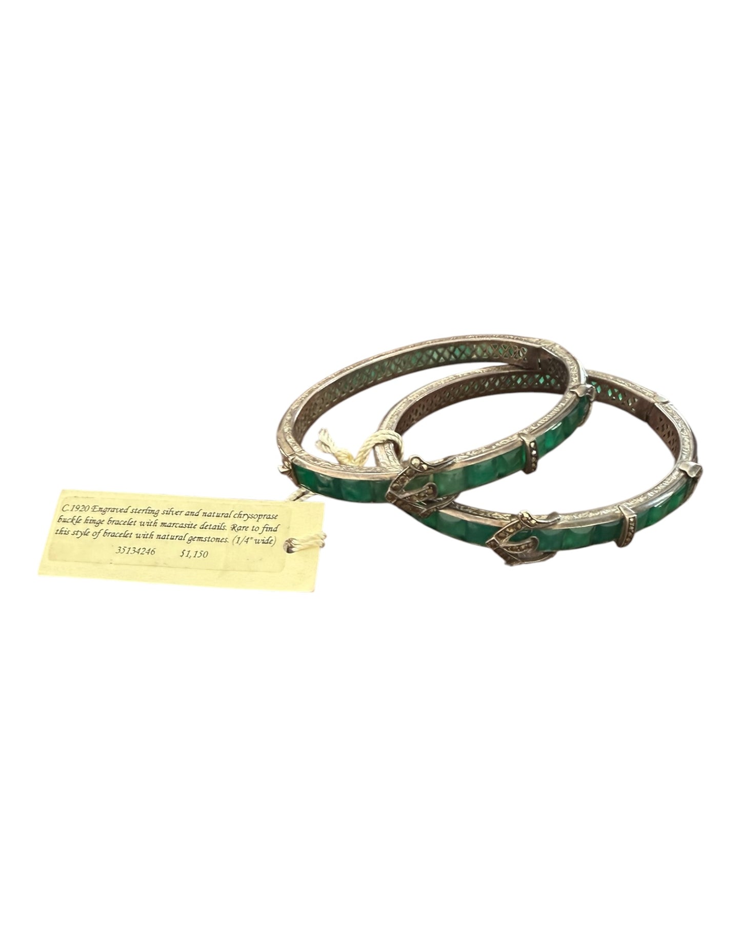 RARE Antique 1920 Ralph Lauren Sterling Silver and Natural Chrysoprase Hinge Bracelet with Marcasite Details