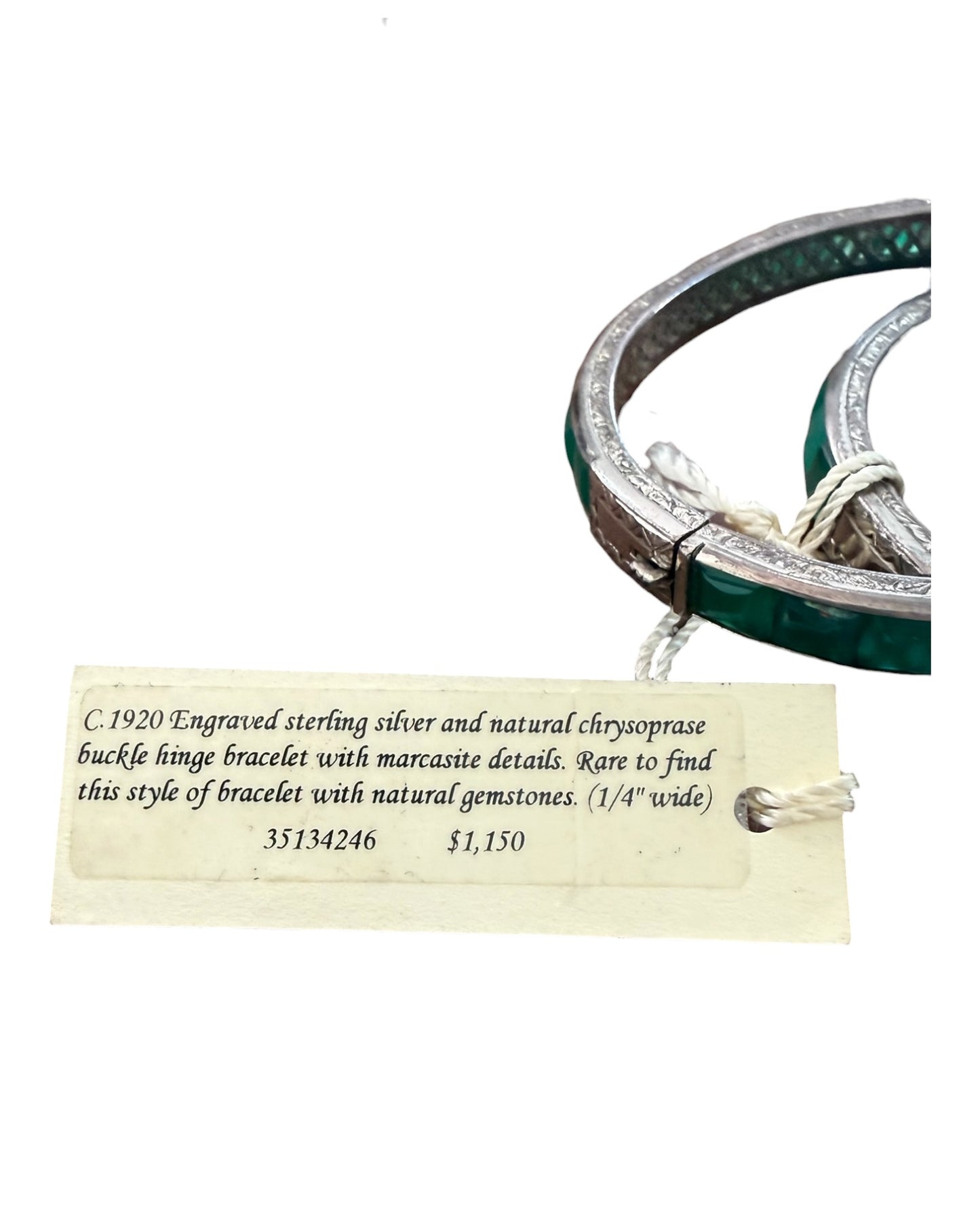 RARE Antique 1920 Ralph Lauren Sterling Silver and Natural Chrysoprase Hinge Bracelet with Marcasite Details