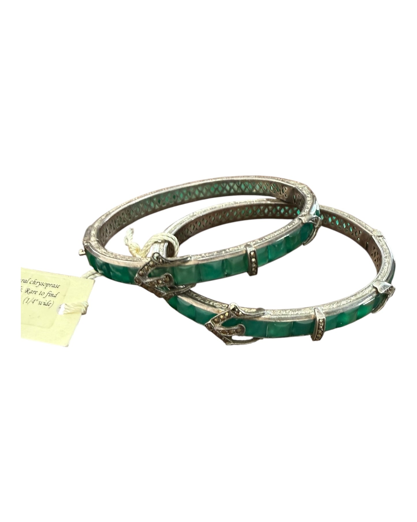 RARE Antique 1920 Ralph Lauren Sterling Silver and Natural Chrysoprase Hinge Bracelet with Marcasite Details