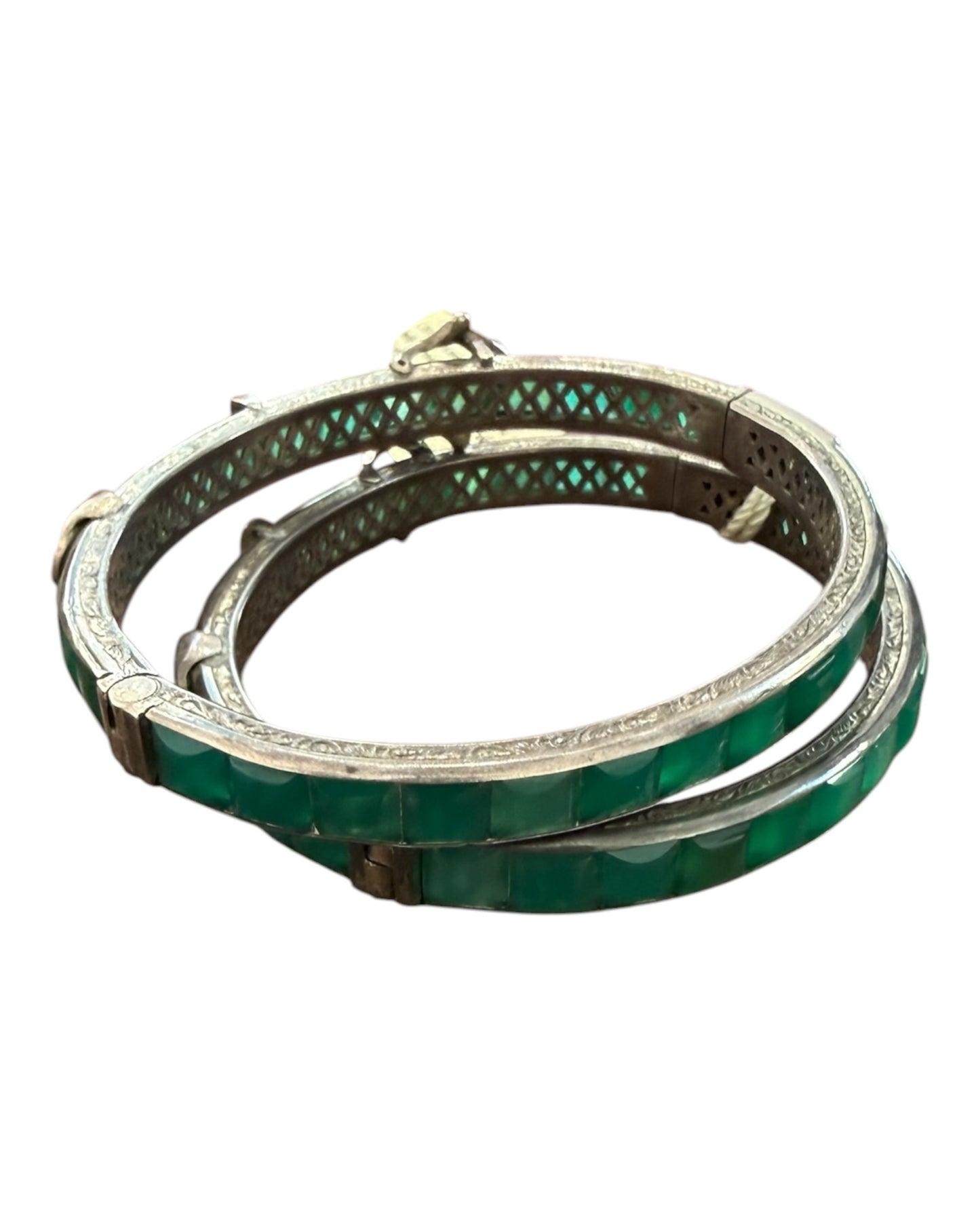 RARE Antique 1920 Ralph Lauren Sterling Silver and Natural Chrysoprase Hinge Bracelet with Marcasite Details