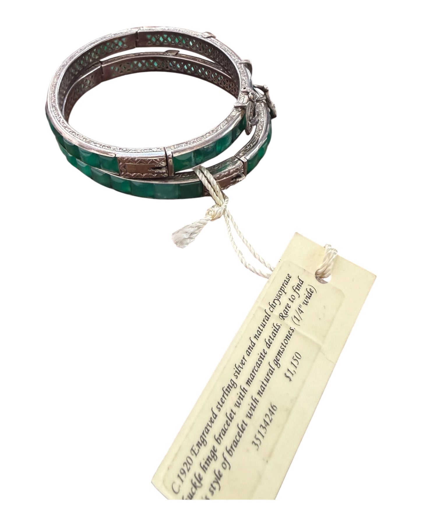 RARE Antique 1920 Ralph Lauren Sterling Silver and Natural Chrysoprase Hinge Bracelet with Marcasite Details