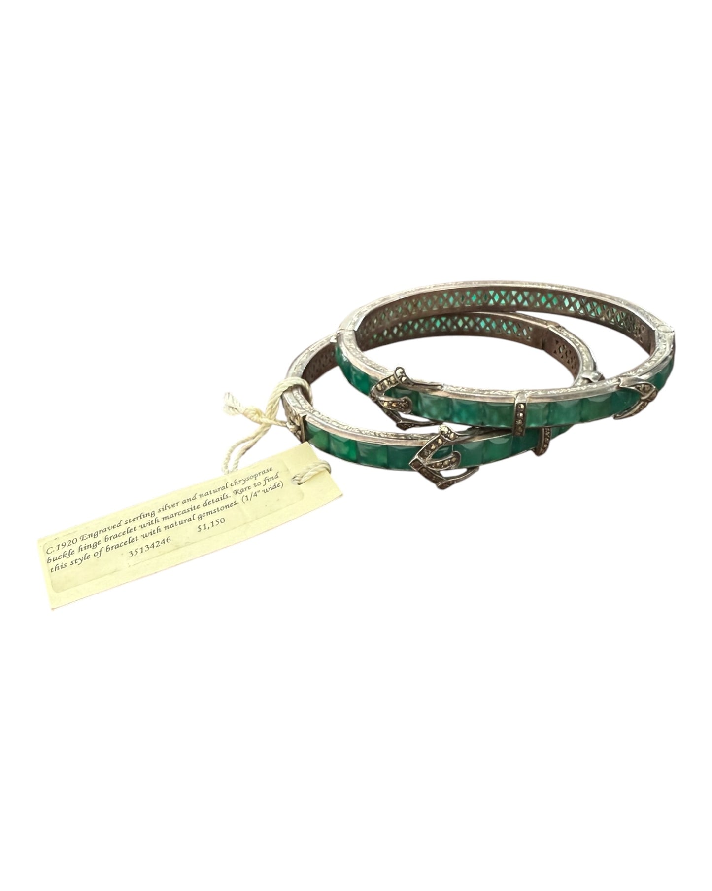 RARE Antique 1920 Ralph Lauren Sterling Silver and Natural Chrysoprase Hinge Bracelet with Marcasite Details
