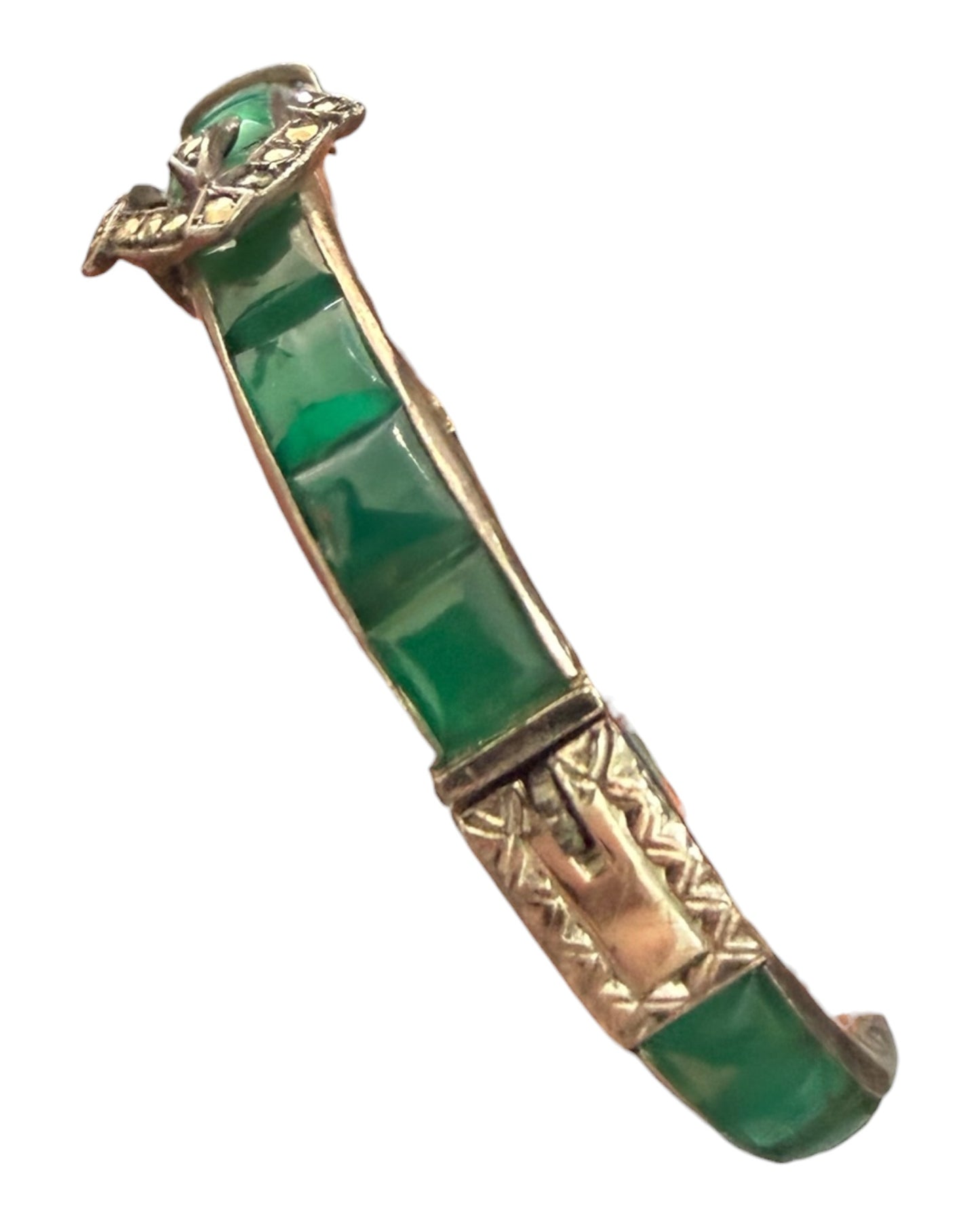 RARE Antique 1920 Ralph Lauren Sterling Silver and Natural Chrysoprase Hinge Bracelet with Marcasite Details