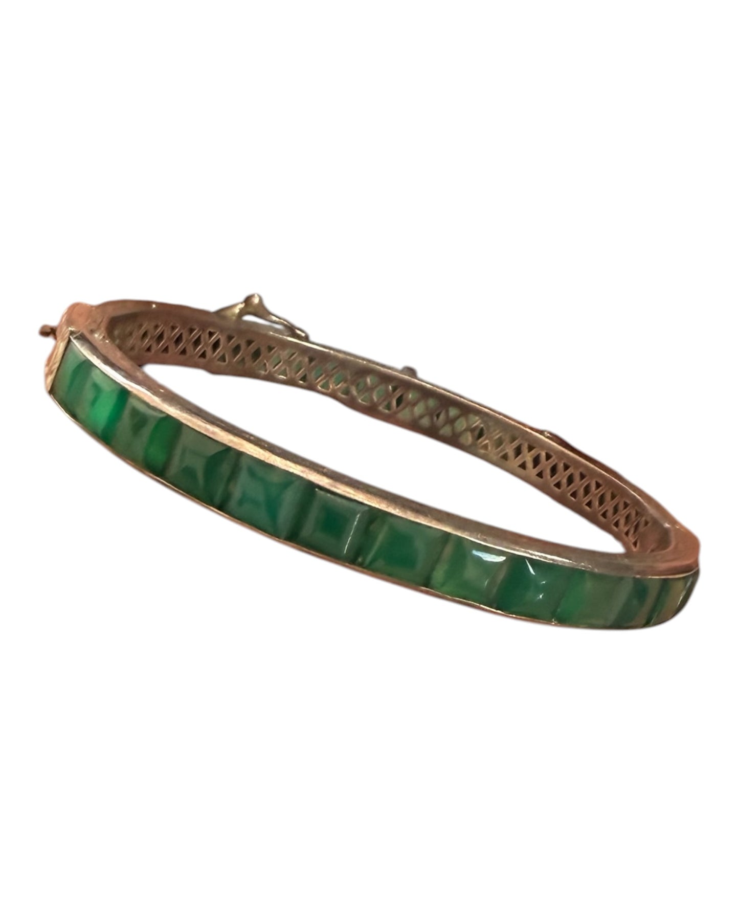 RARE Antique 1920 Ralph Lauren Sterling Silver and Natural Chrysoprase Hinge Bracelet with Marcasite Details