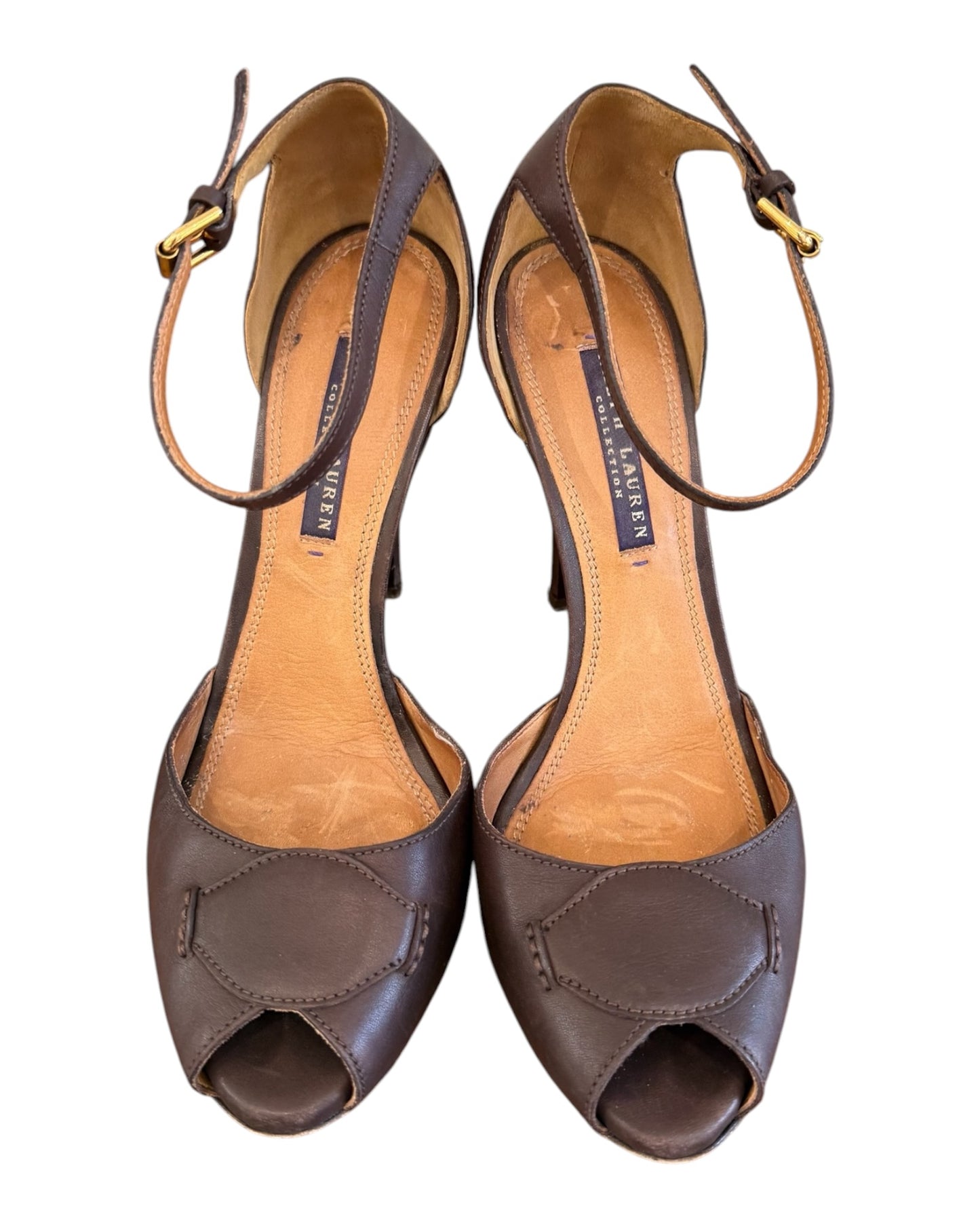 Vintage Ralph Lauren Purple Label Brown Leather Peep Toe Heels with Ankle Strap
