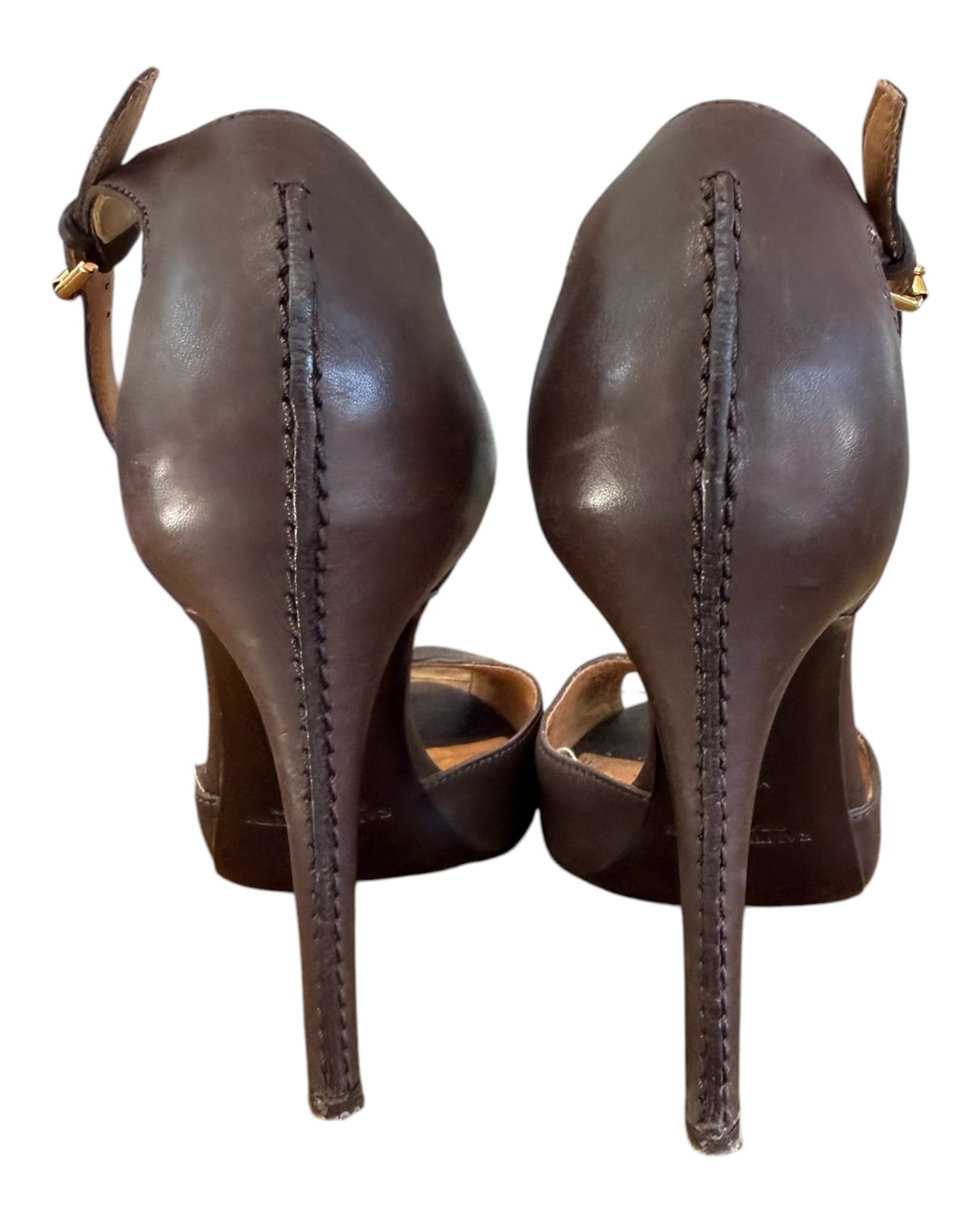 Vintage Ralph Lauren Purple Label Brown Leather Peep Toe Heels with Ankle Strap