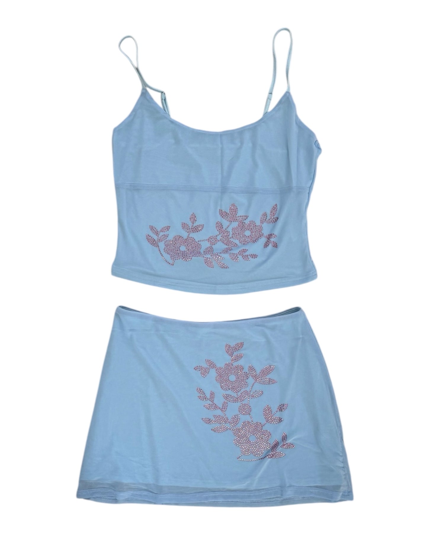 Vintage Y2K Baby Blue and Pink Rhinestone Skirt Set