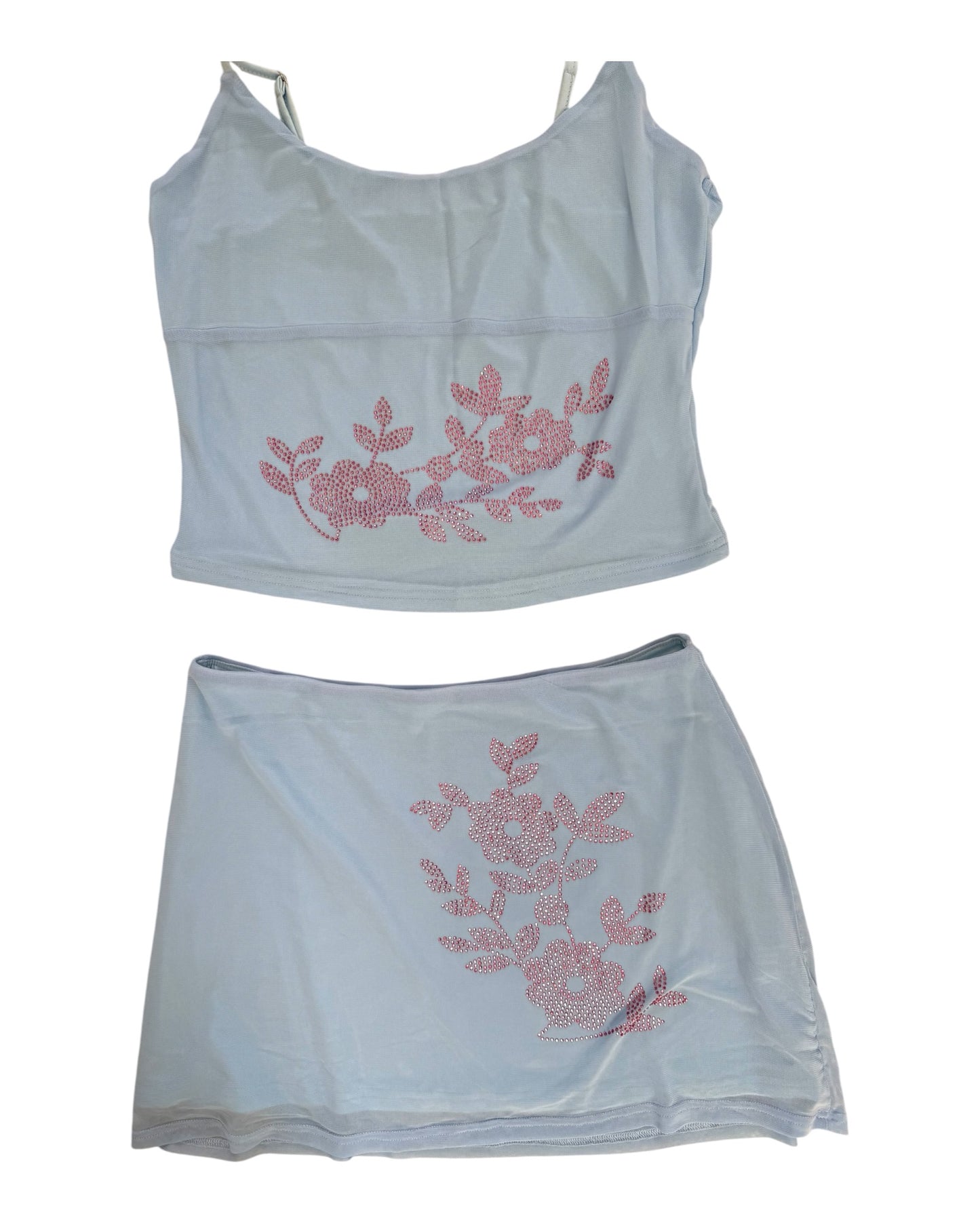 Vintage Y2K Baby Blue and Pink Rhinestone Skirt Set
