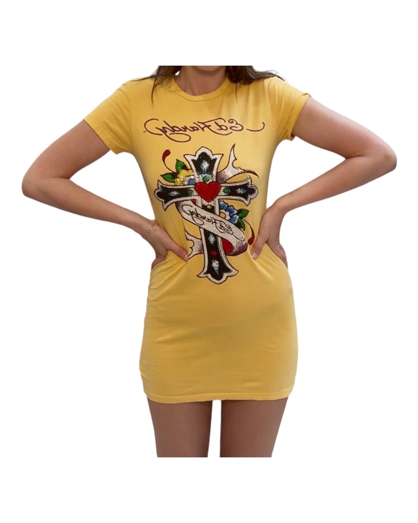Vintage Ed Hardy Yellow Sequin T-Shirt Dress