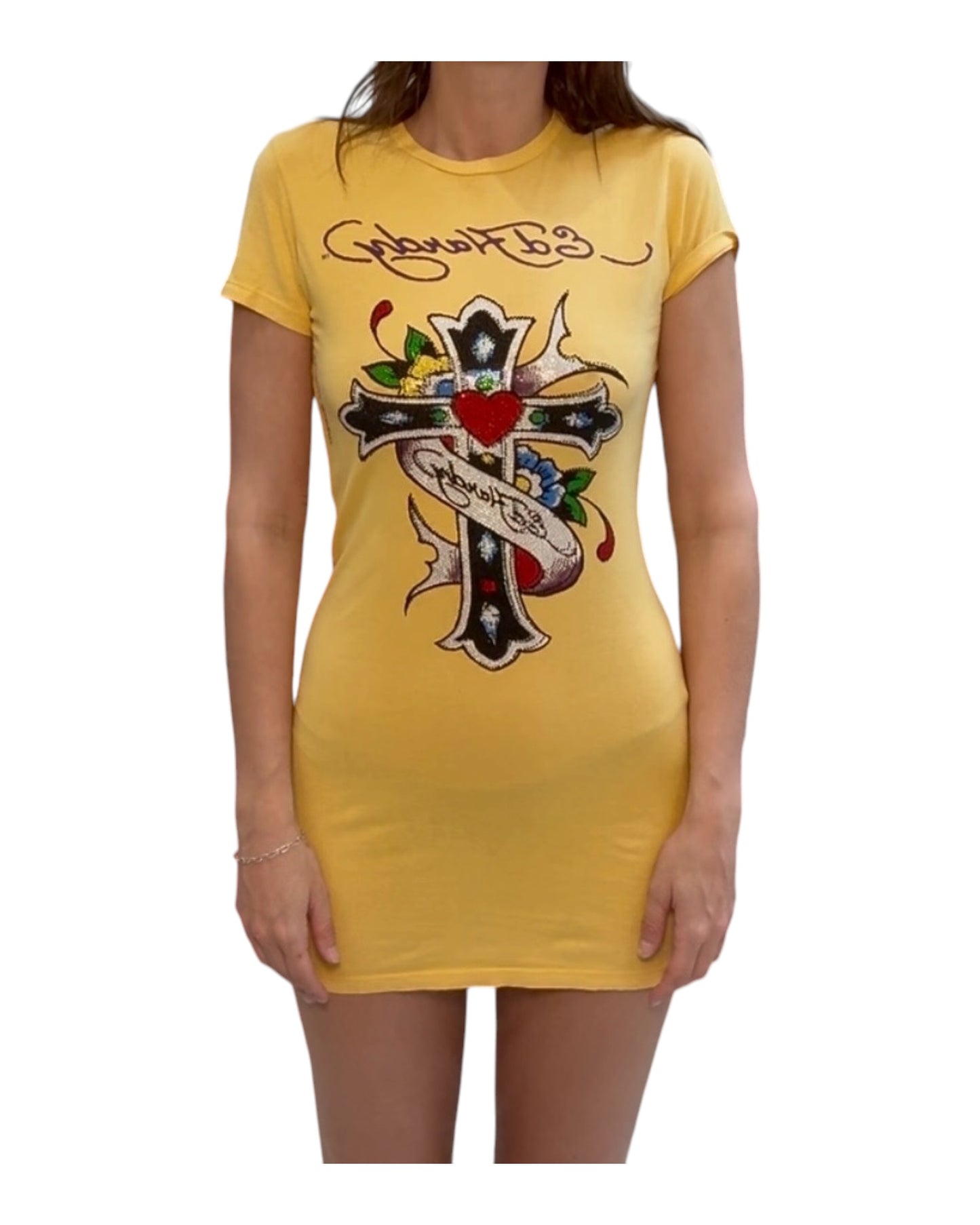 Vintage Ed Hardy Yellow Sequin T-Shirt Dress