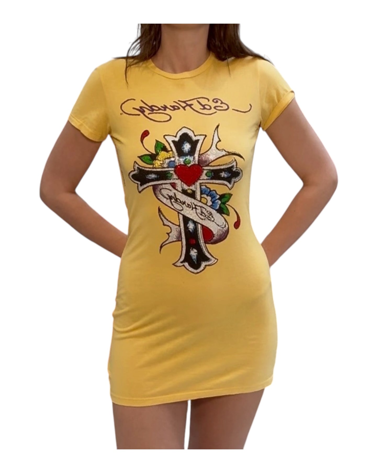Vintage Ed Hardy Yellow Sequin T-Shirt Dress