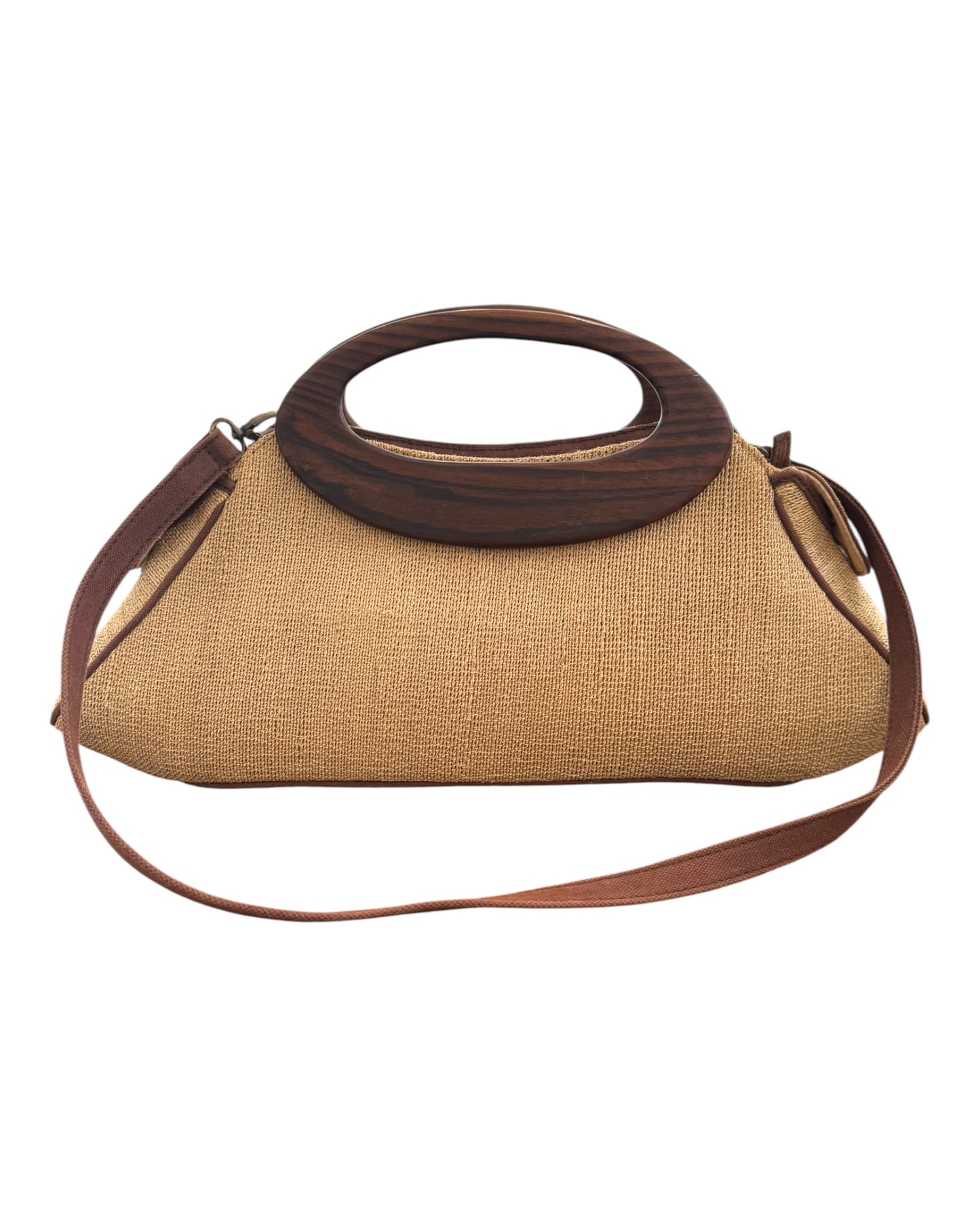 Vintage Hand-loomed Cotton Bag with Shoulder Strap and Wooden Handle