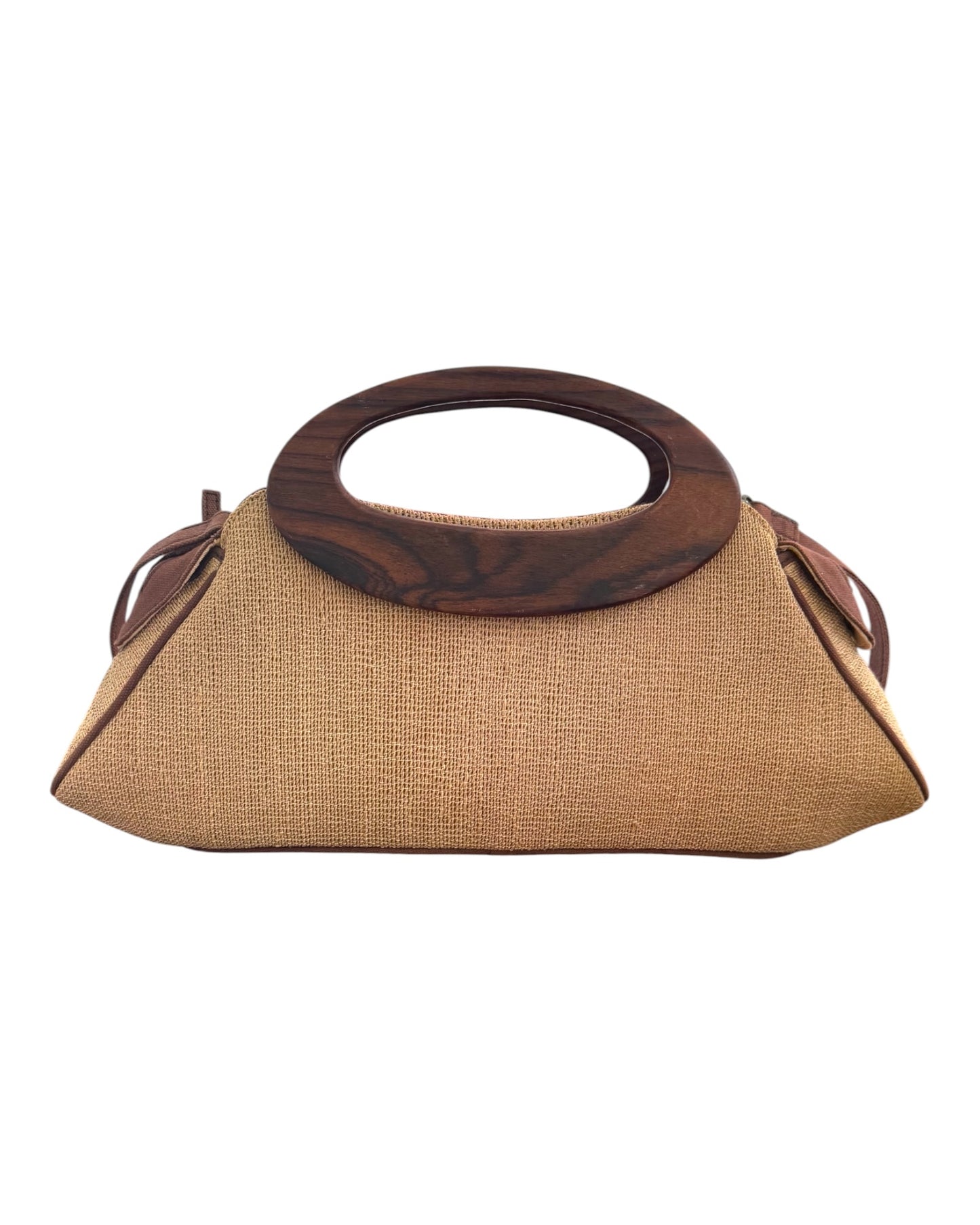 Vintage Hand-loomed Cotton Bag with Shoulder Strap and Wooden Handle