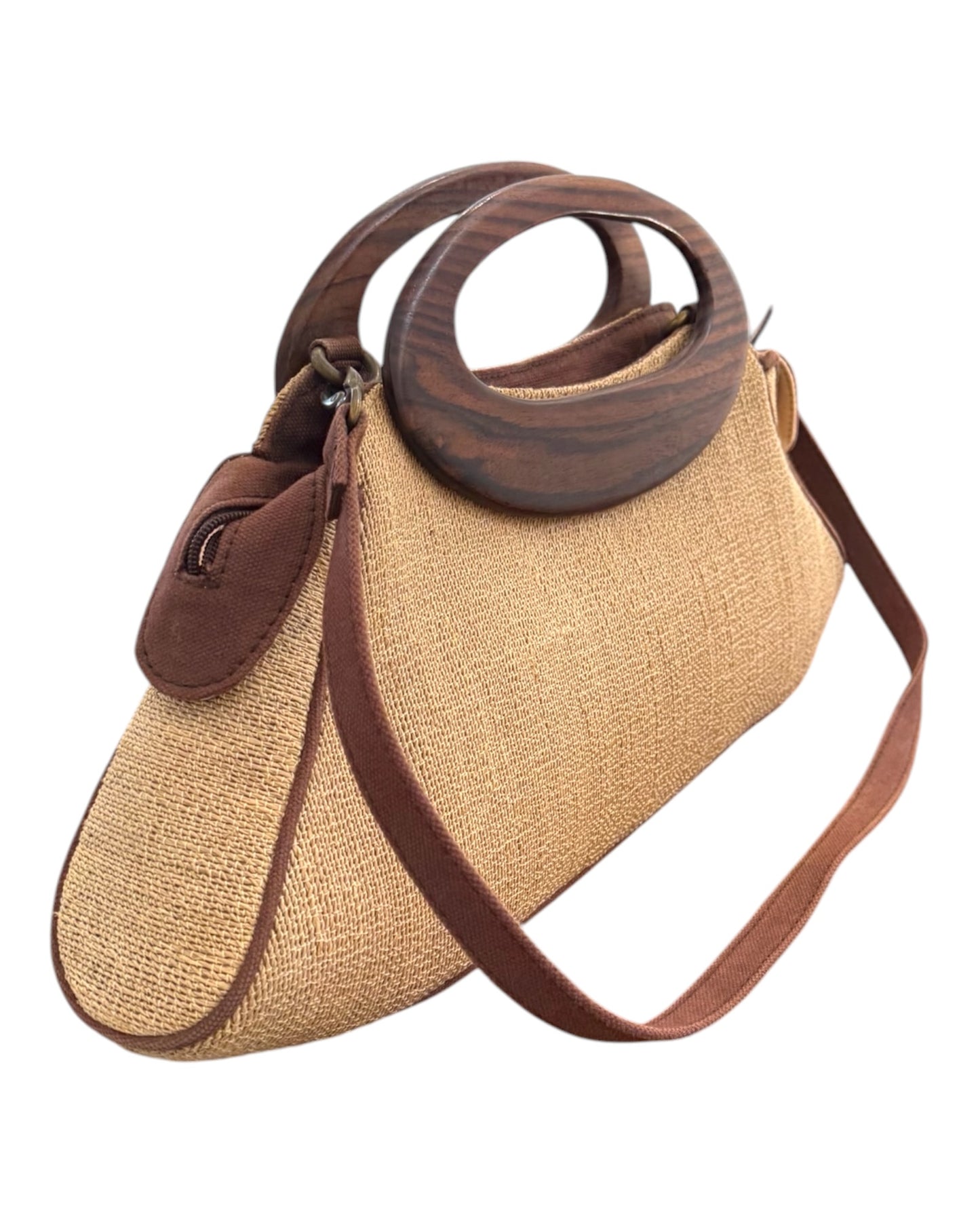 Vintage Hand-loomed Cotton Bag with Shoulder Strap and Wooden Handle