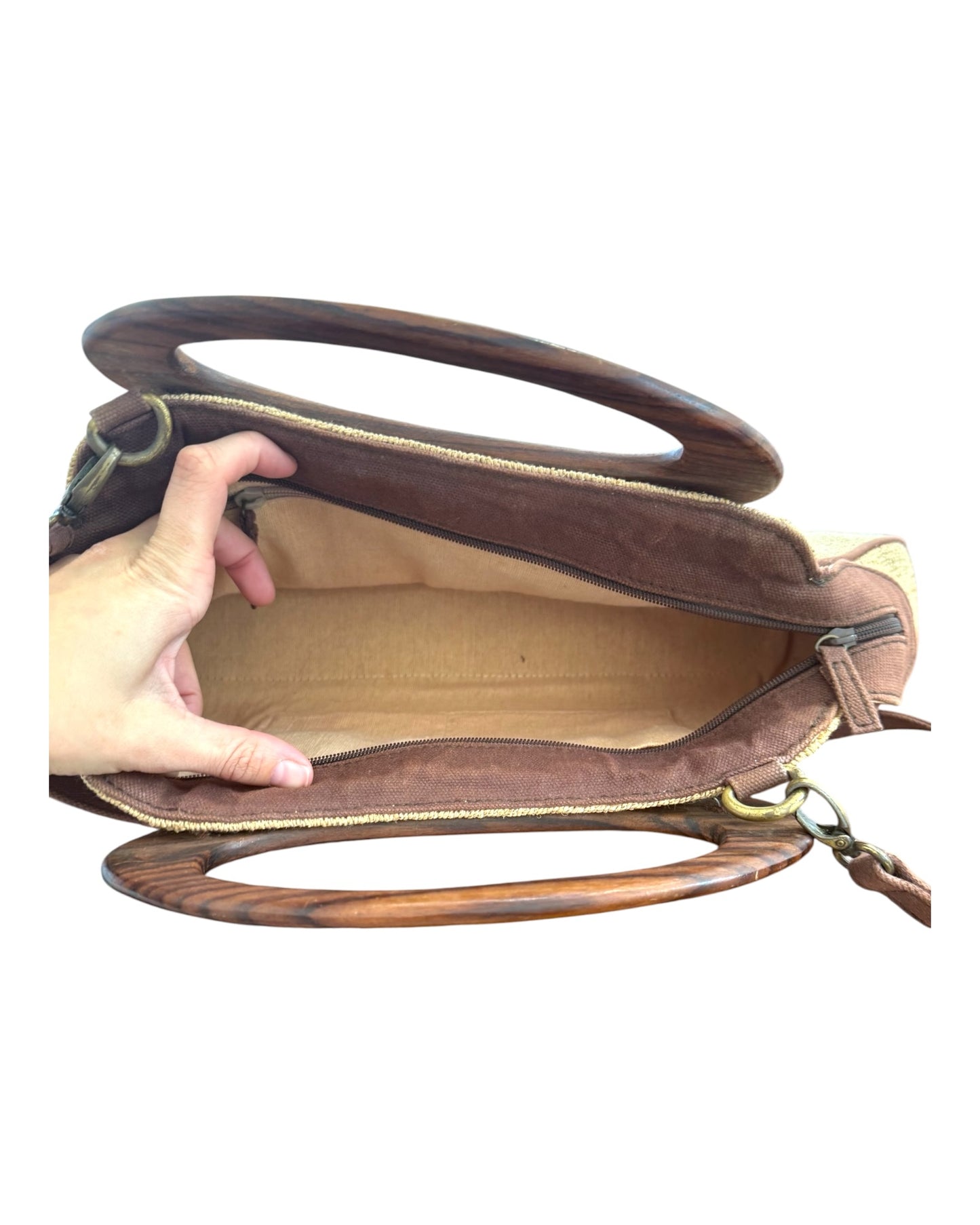 Vintage Hand-loomed Cotton Bag with Shoulder Strap and Wooden Handle