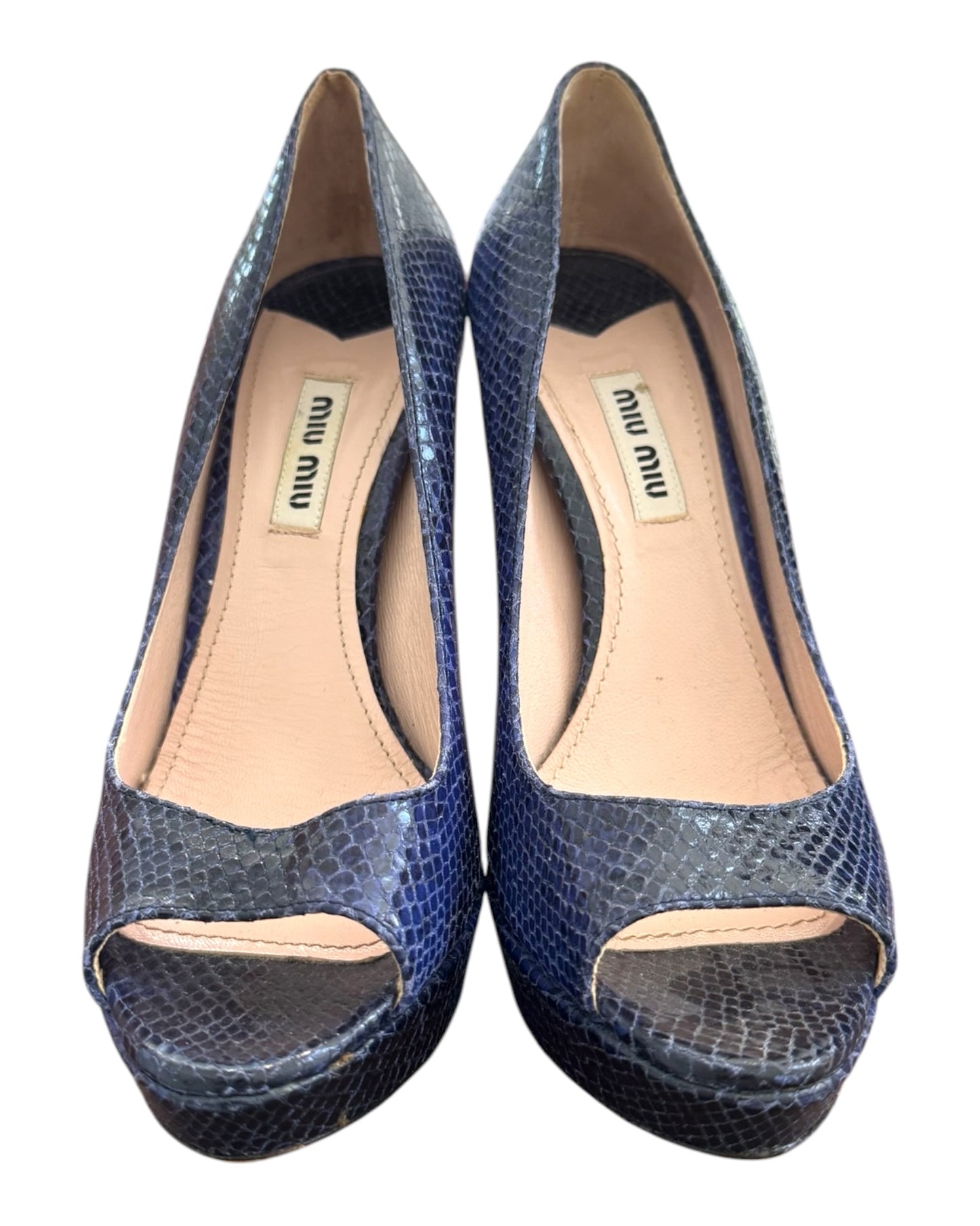 Pre-Loved Miu Miu Calzature Donna Blue Snakeskin Peep Toe Pumps