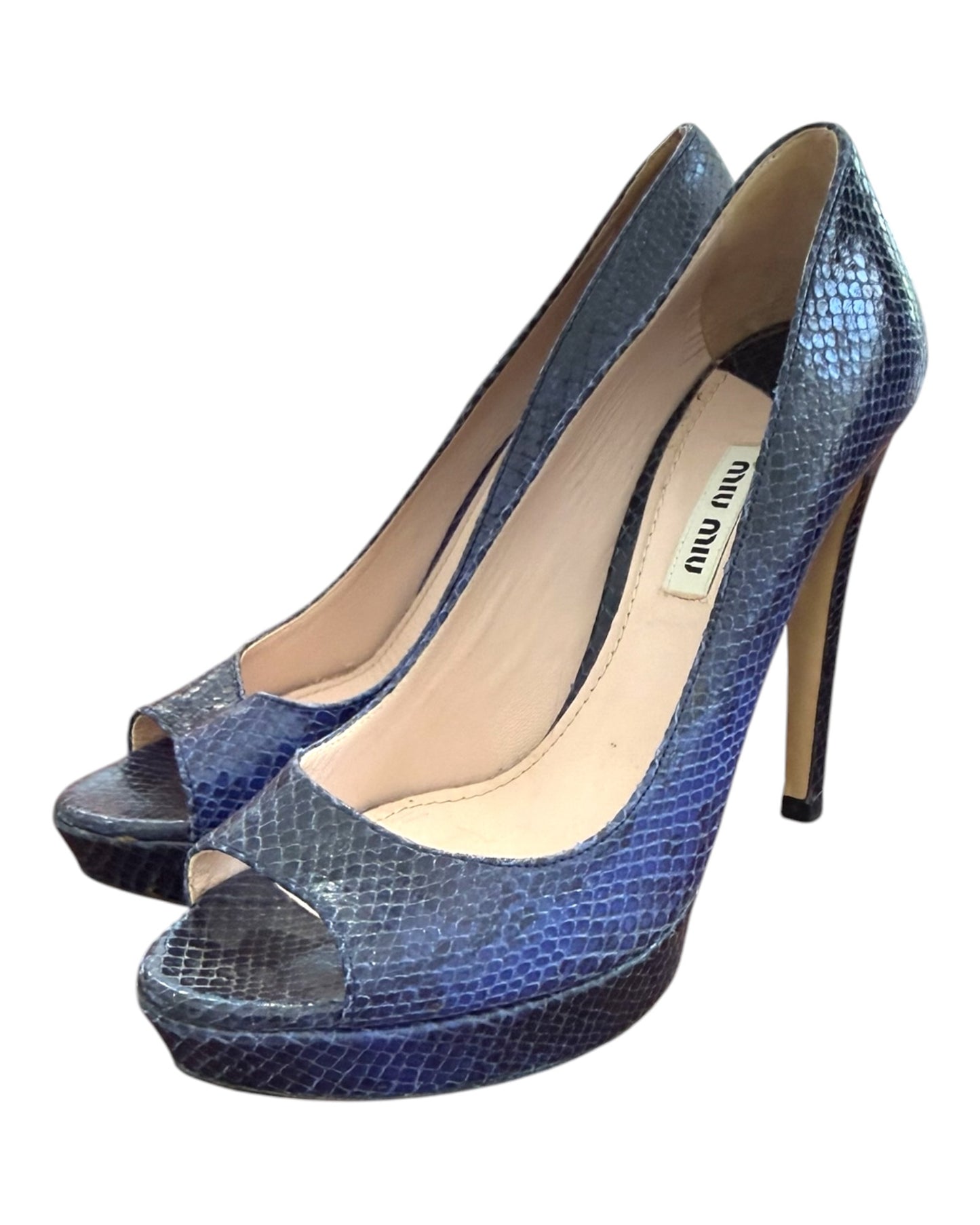 Pre-Loved Miu Miu Calzature Donna Blue Snakeskin Peep Toe Pumps