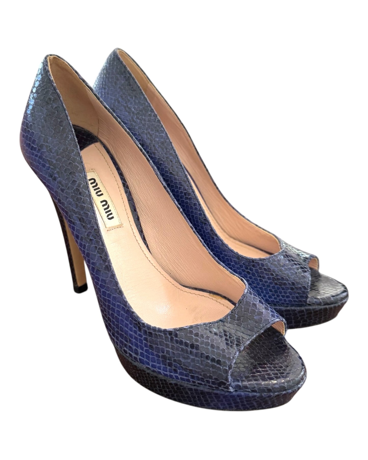 Pre-Loved Miu Miu Calzature Donna Blue Snakeskin Peep Toe Pumps