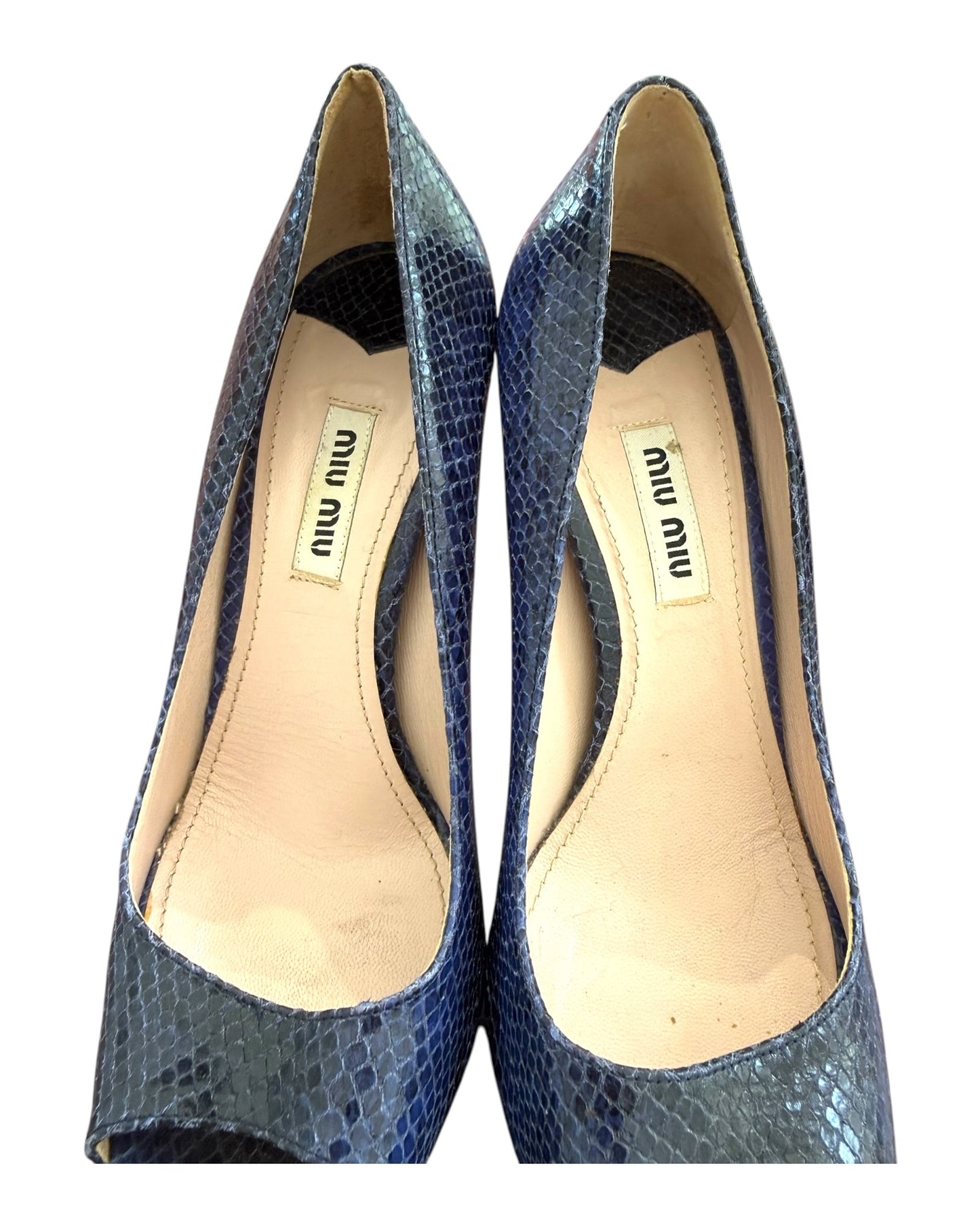 Pre-Loved Miu Miu Calzature Donna Blue Snakeskin Peep Toe Pumps