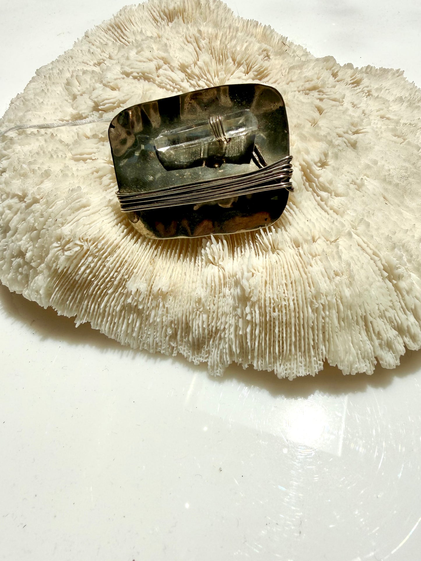 Vintage Quartz Crystal and Wrapped Wire Silver Metal Brooch