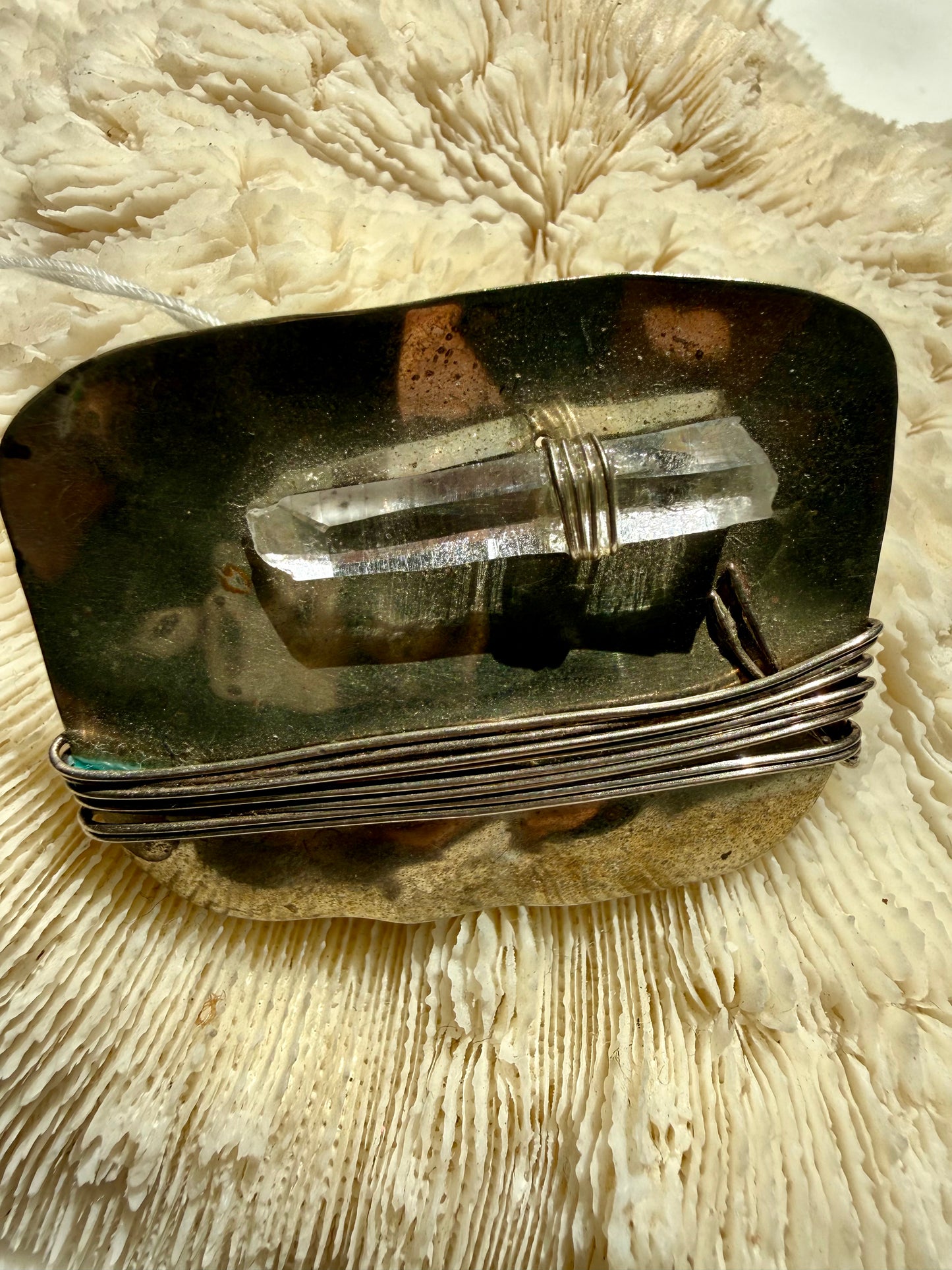 Vintage Quartz Crystal and Wrapped Wire Silver Metal Brooch