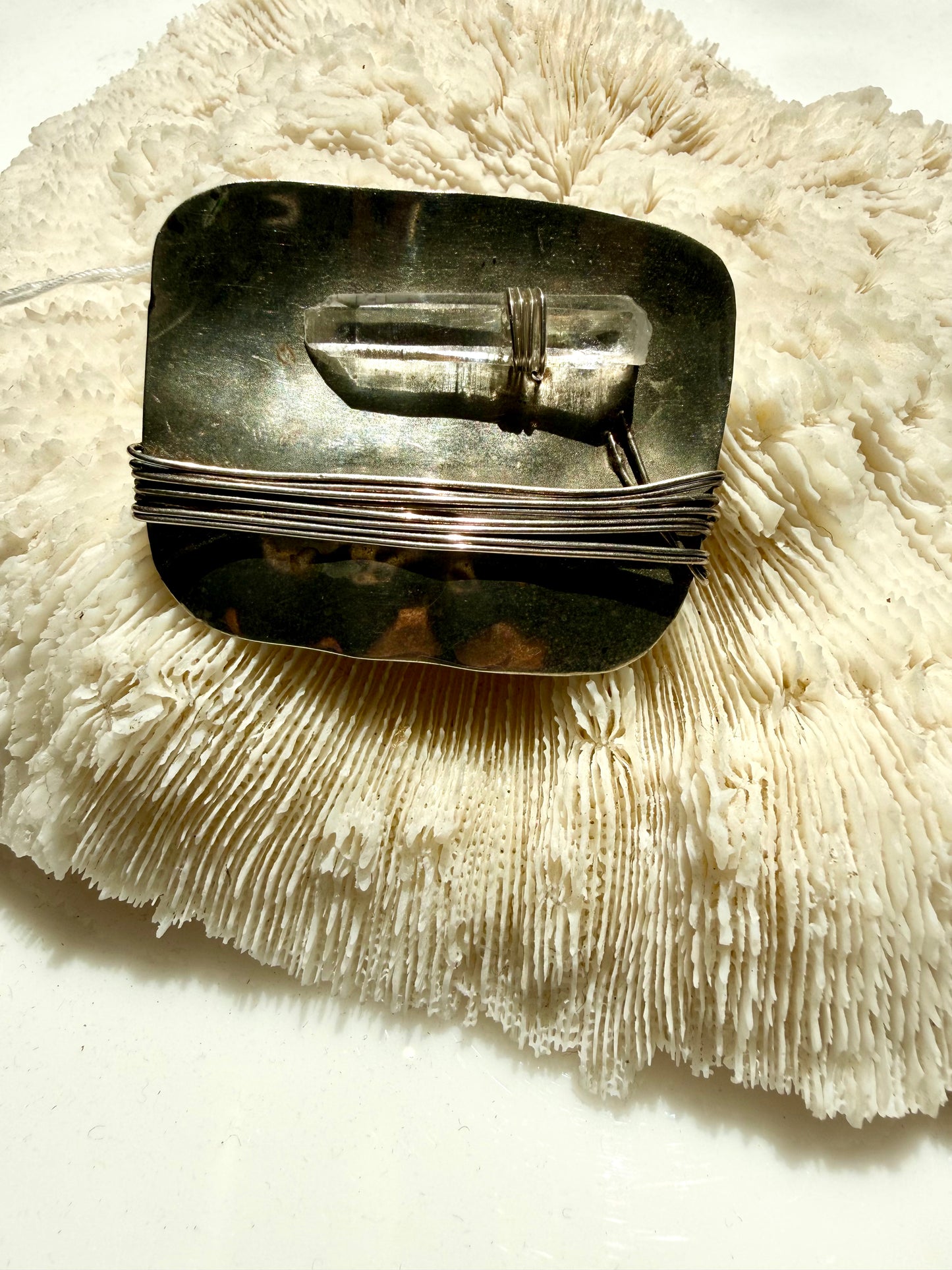 Vintage Quartz Crystal and Wrapped Wire Silver Metal Brooch
