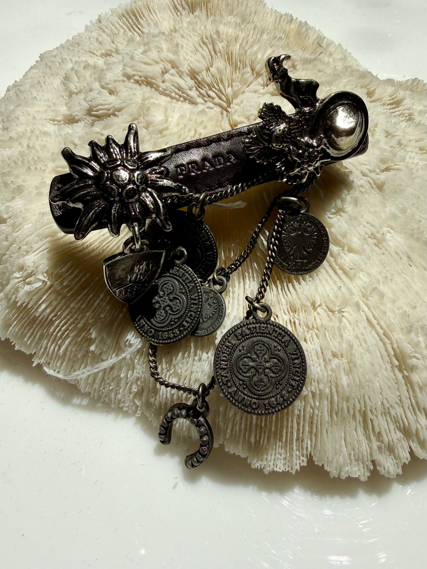 Vintage Prada Leather and Silver Cowboy Brooch
