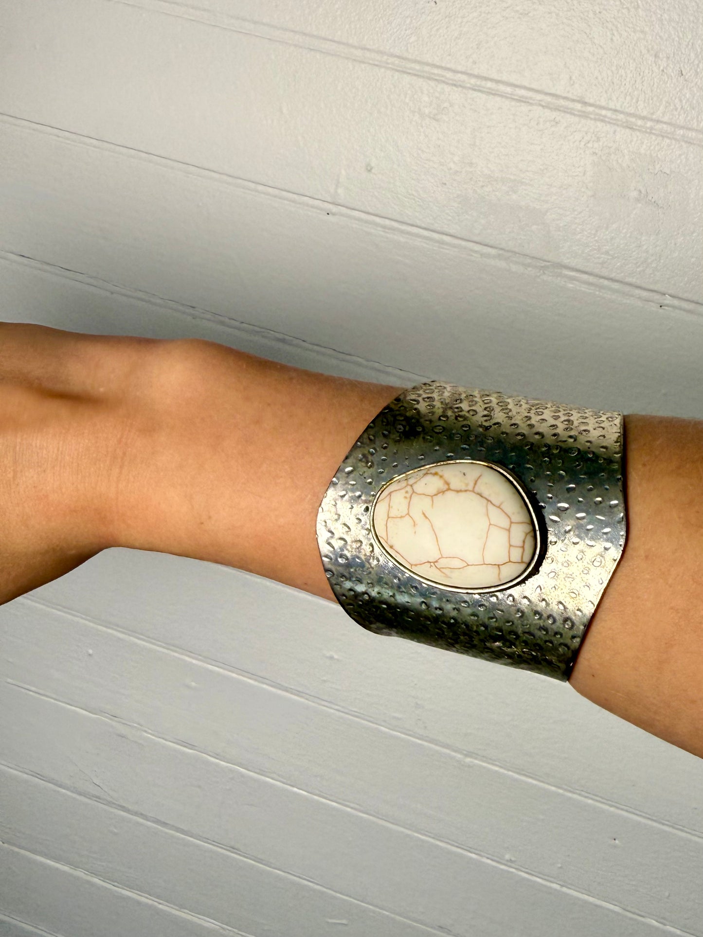 Vintage Silver and White Stone Cuff Bracelet