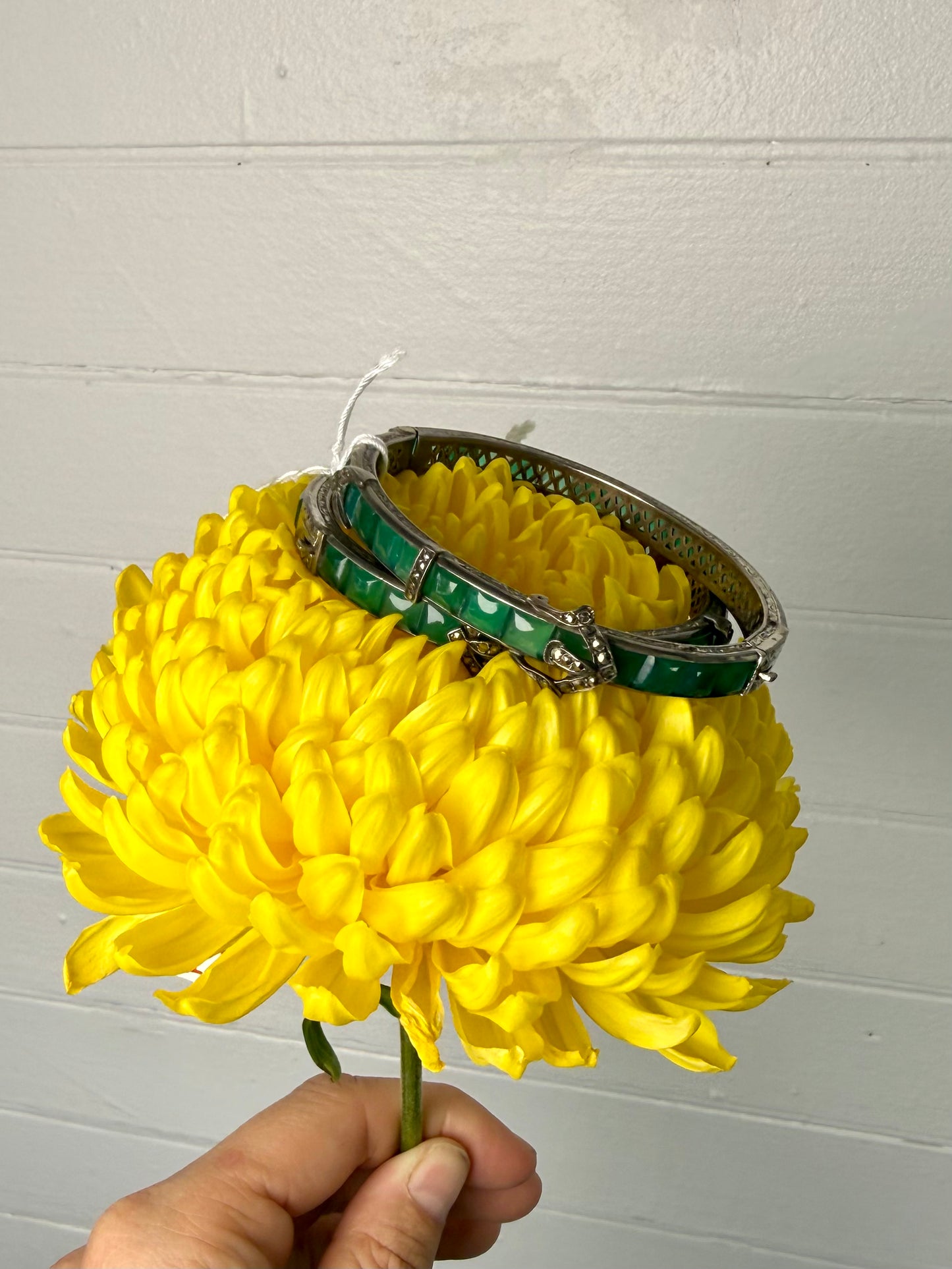 RARE Antique 1920 Ralph Lauren Sterling Silver and Natural Chrysoprase Hinge Bracelet with Marcasite Details