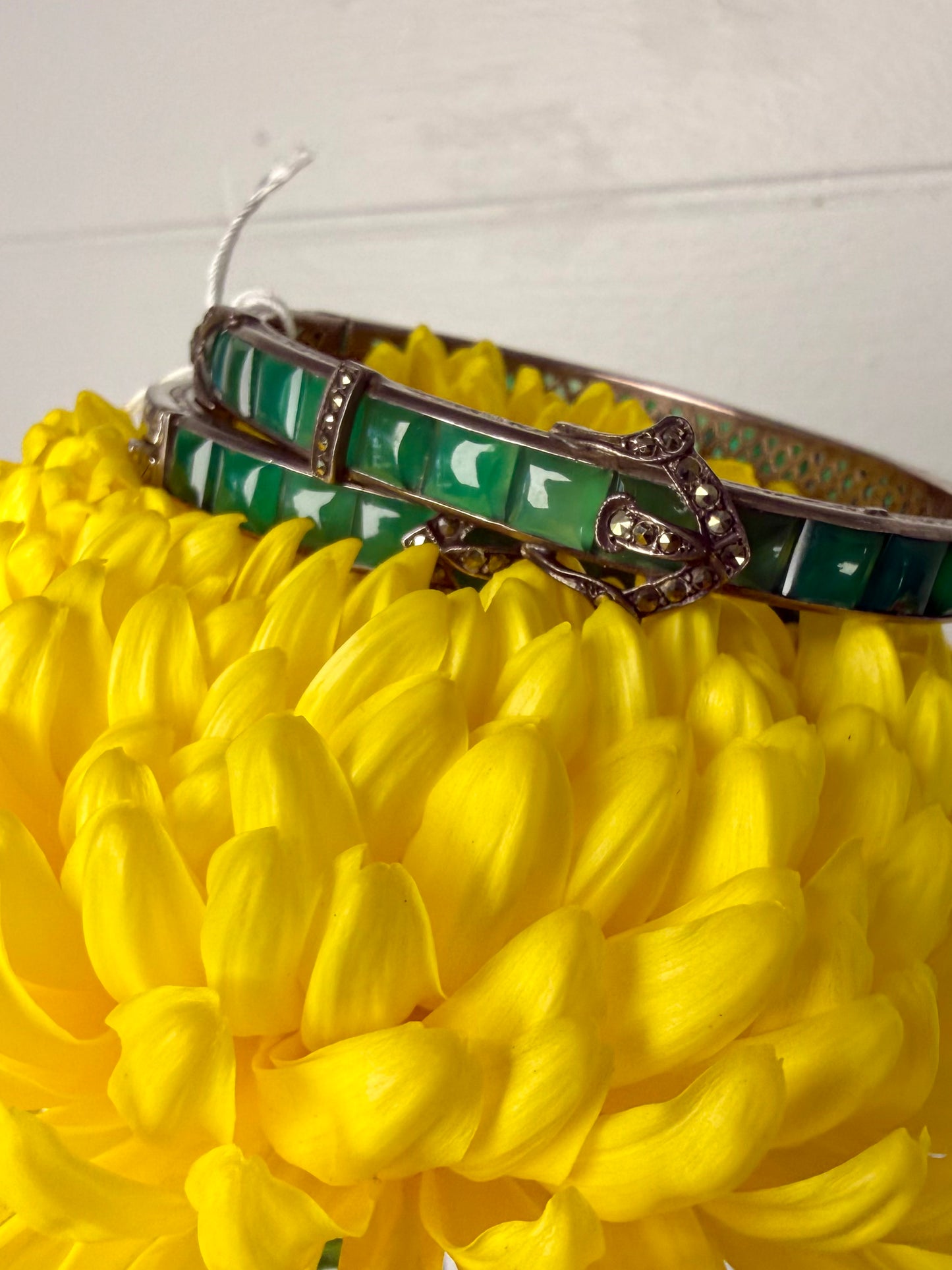 RARE Antique 1920 Ralph Lauren Sterling Silver and Natural Chrysoprase Hinge Bracelet with Marcasite Details