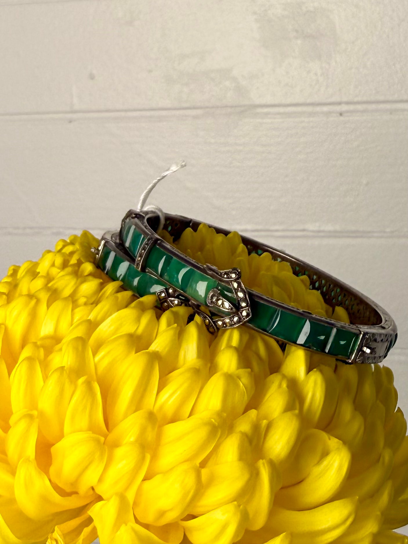 RARE Antique 1920 Ralph Lauren Sterling Silver and Natural Chrysoprase Hinge Bracelet with Marcasite Details