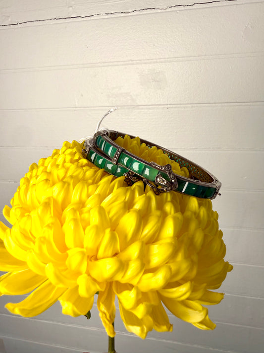 RARE Antique 1920 Ralph Lauren Sterling Silver and Natural Chrysoprase Hinge Bracelet with Marcasite Details