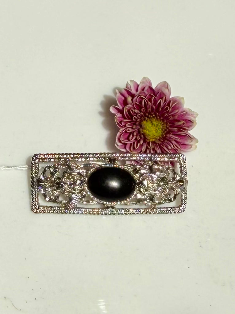 Vintage Silver and Black Stone Engraved Brooch