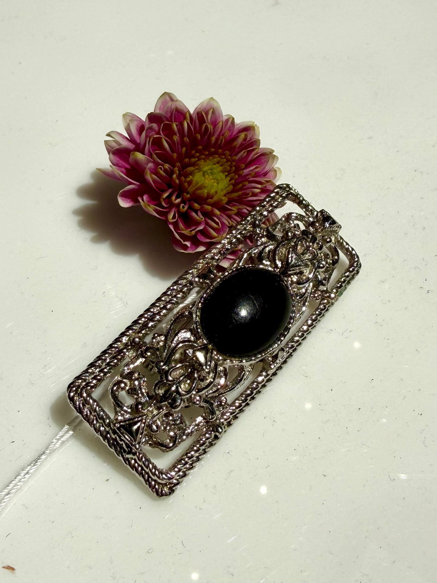 Vintage Silver and Black Stone Engraved Brooch