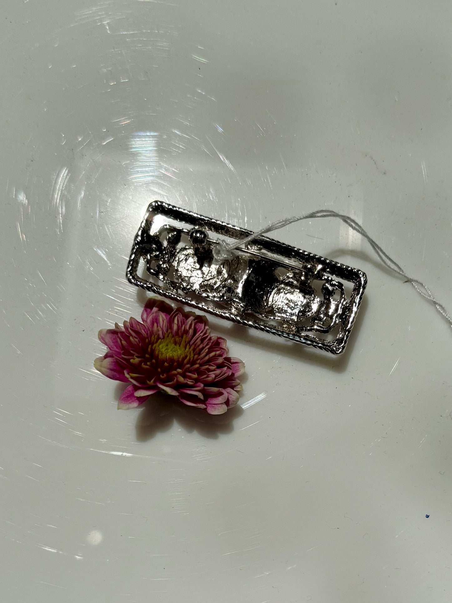 Vintage Silver and Black Stone Engraved Brooch