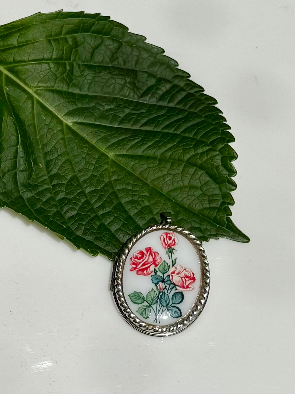 Vintage White Rose Print Silver Locket