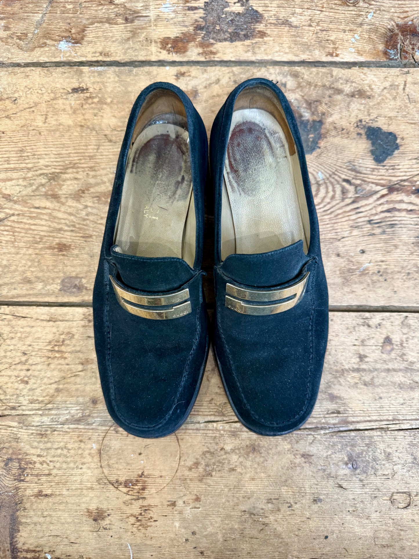 Vintage Gucci Black Suede Logo Loafers