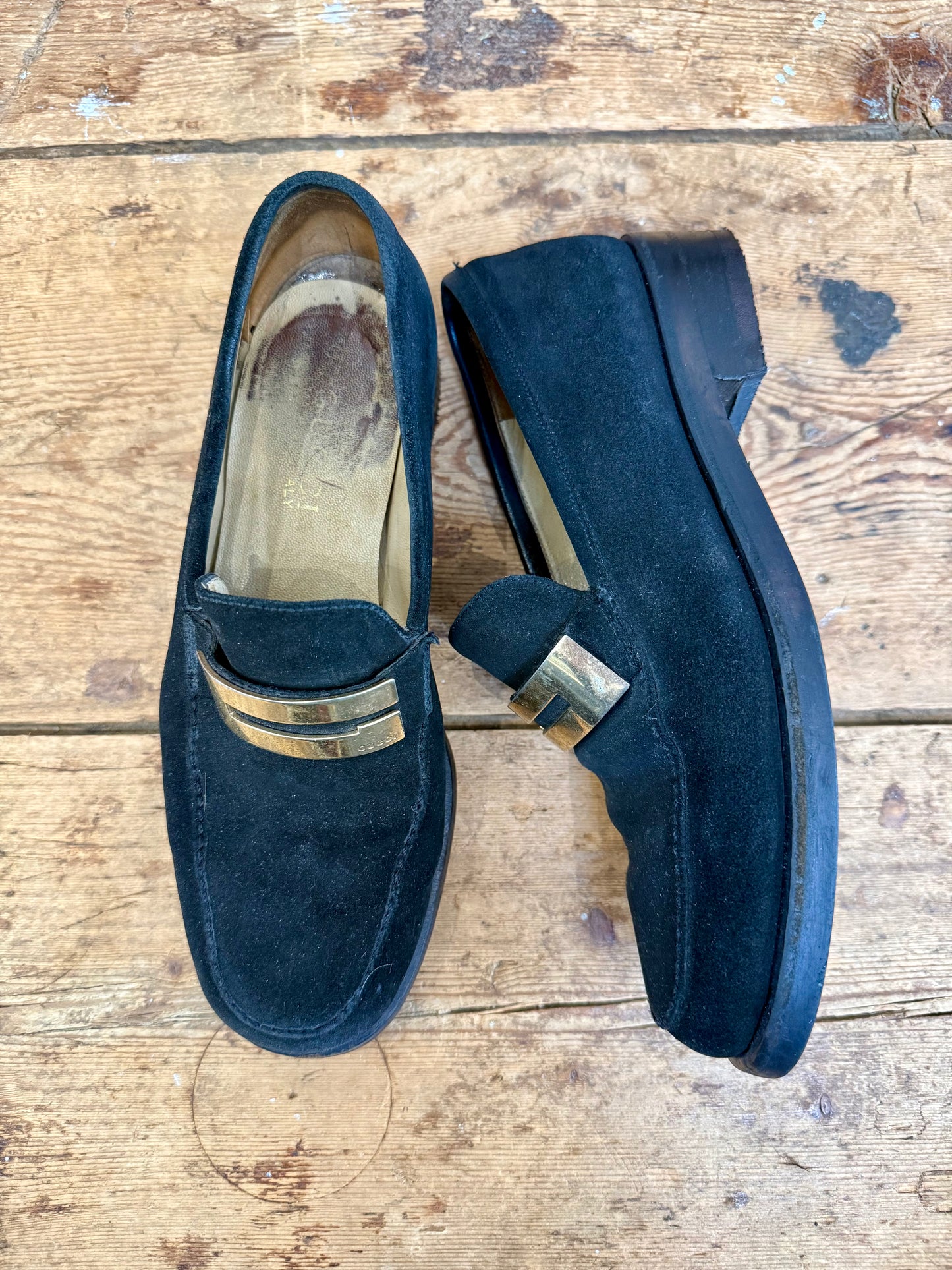 Vintage Gucci Black Suede Logo Loafers