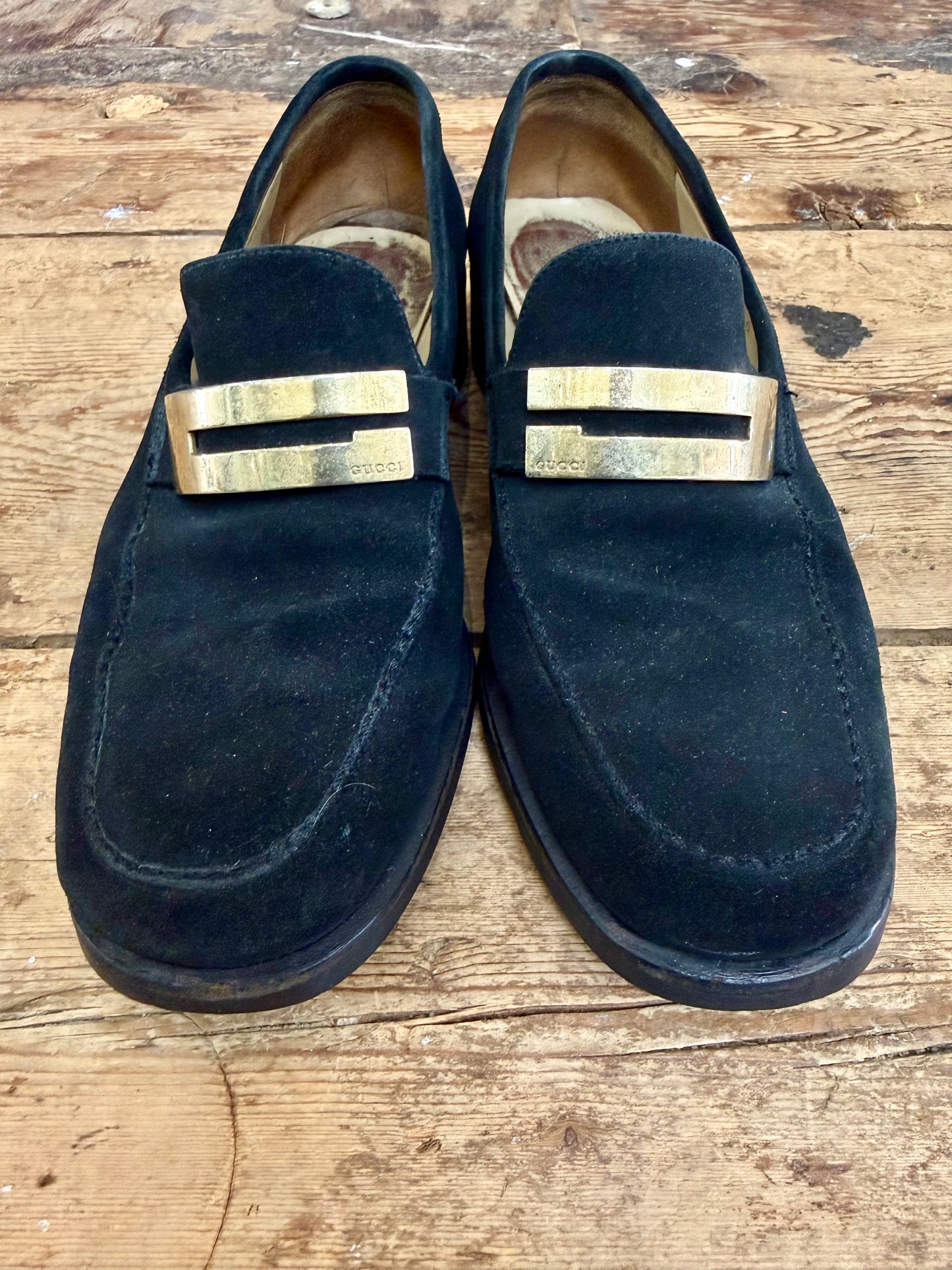 Vintage Gucci Black Suede Logo Loafers