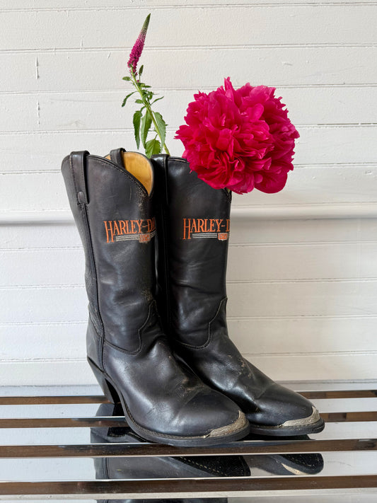 Vintage Harley Davidson Metal-Toe Black Cowboy Boots