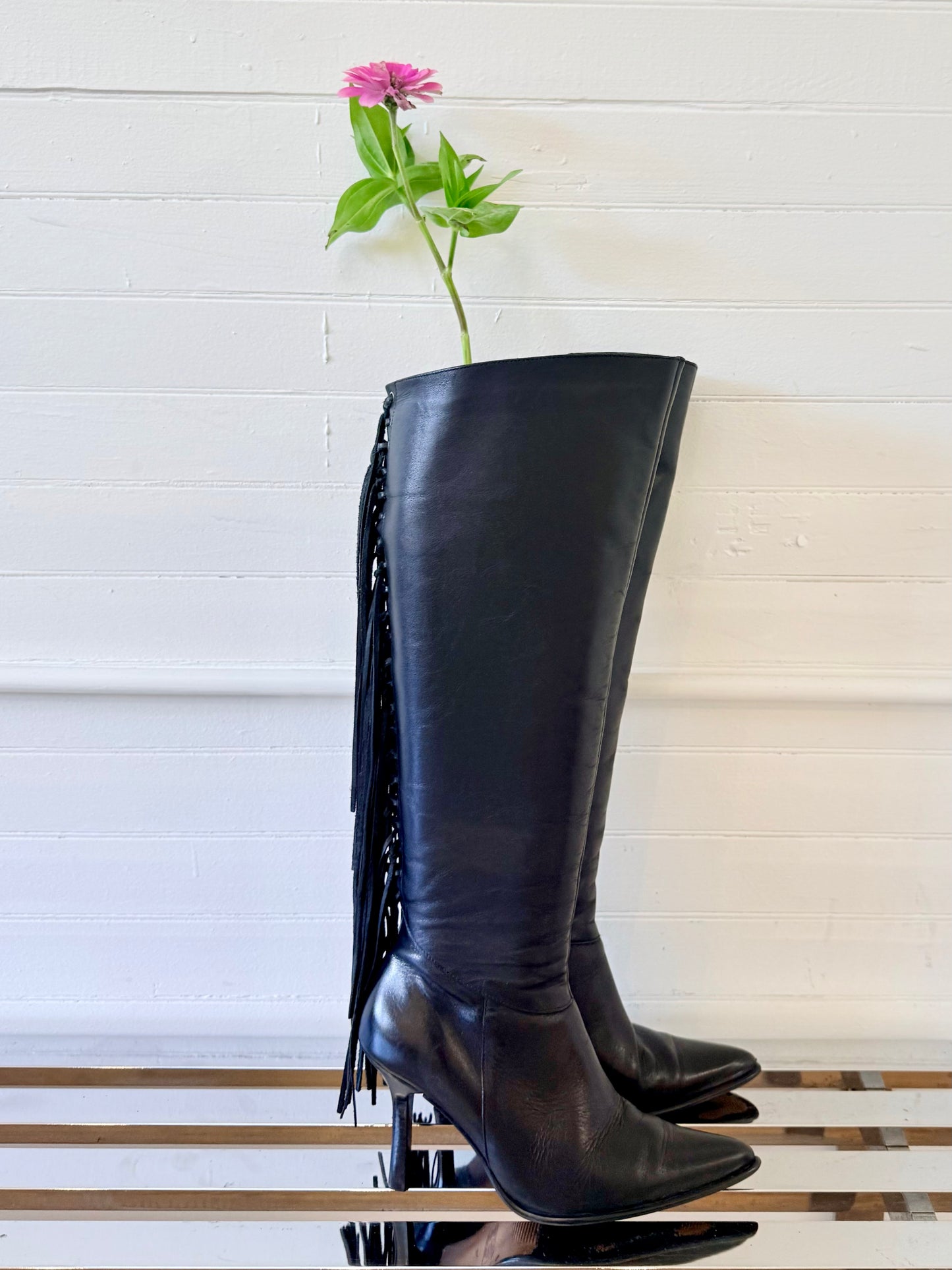 Vintage Black Leather Fringe Boots