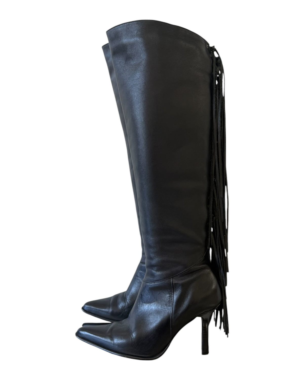Vintage Black Leather Fringe Boots