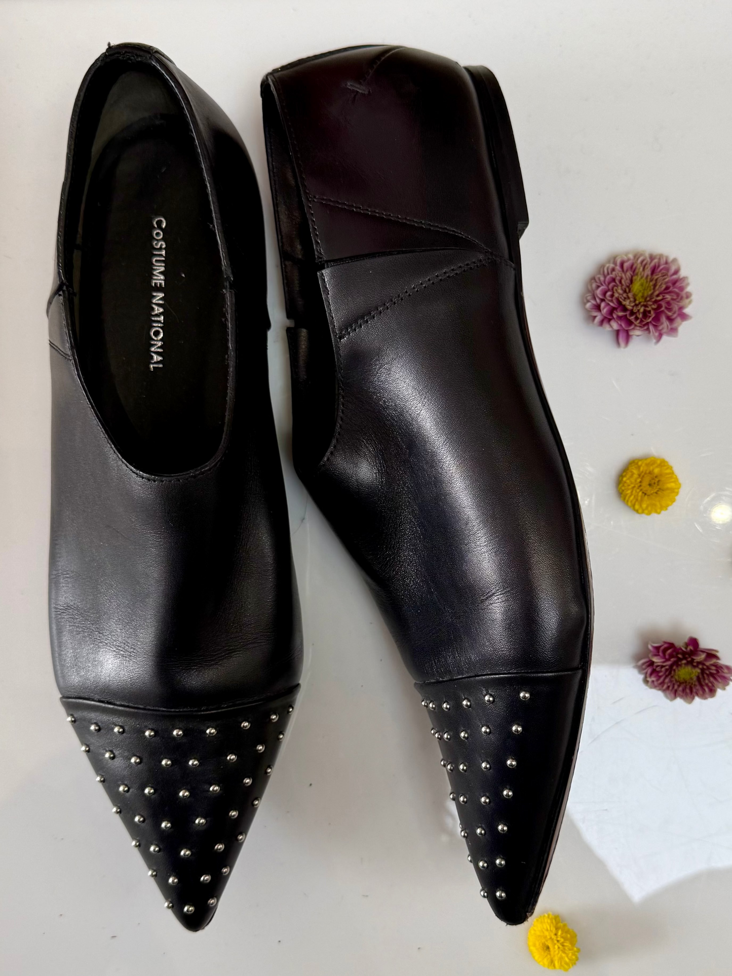 Vintage Costume National Black Leather Loafers with Studs
