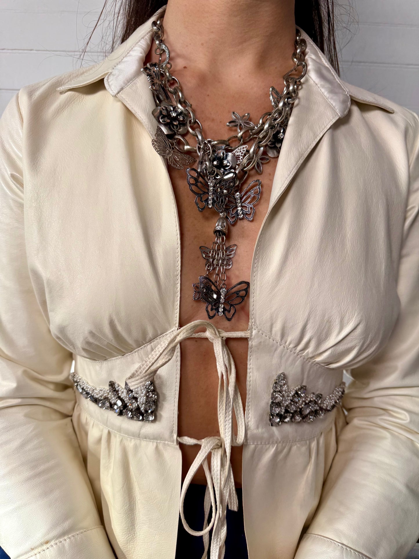 Vintage Silver Chain Butterflies and Flowers Charm Necklace