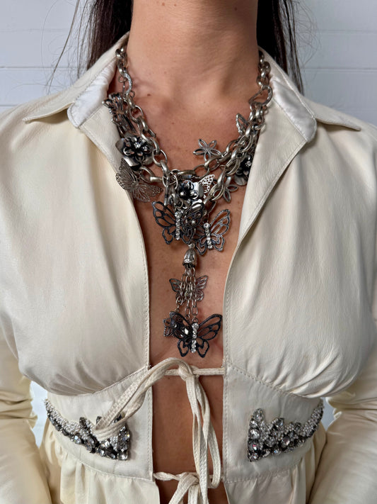 Vintage Silver Chain Butterflies and Flowers Charm Necklace