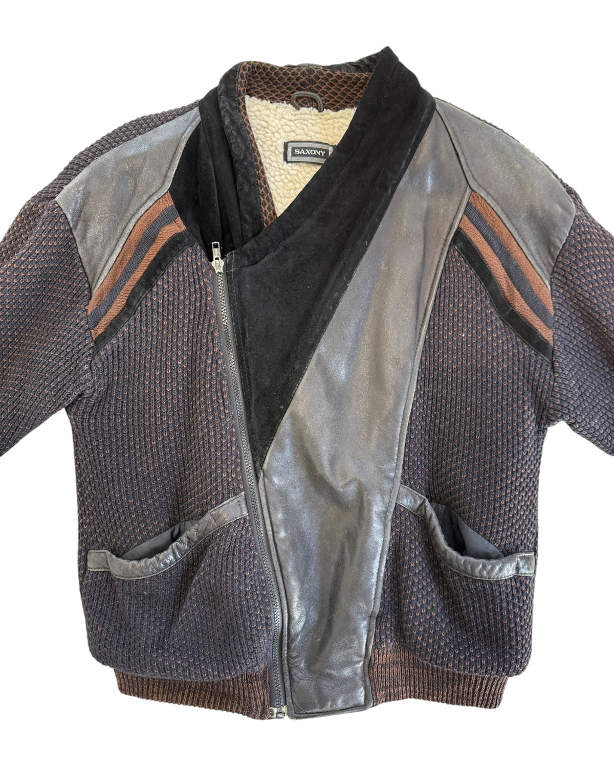 Vintage Saxony Knit, Shearling and Leather Coat
