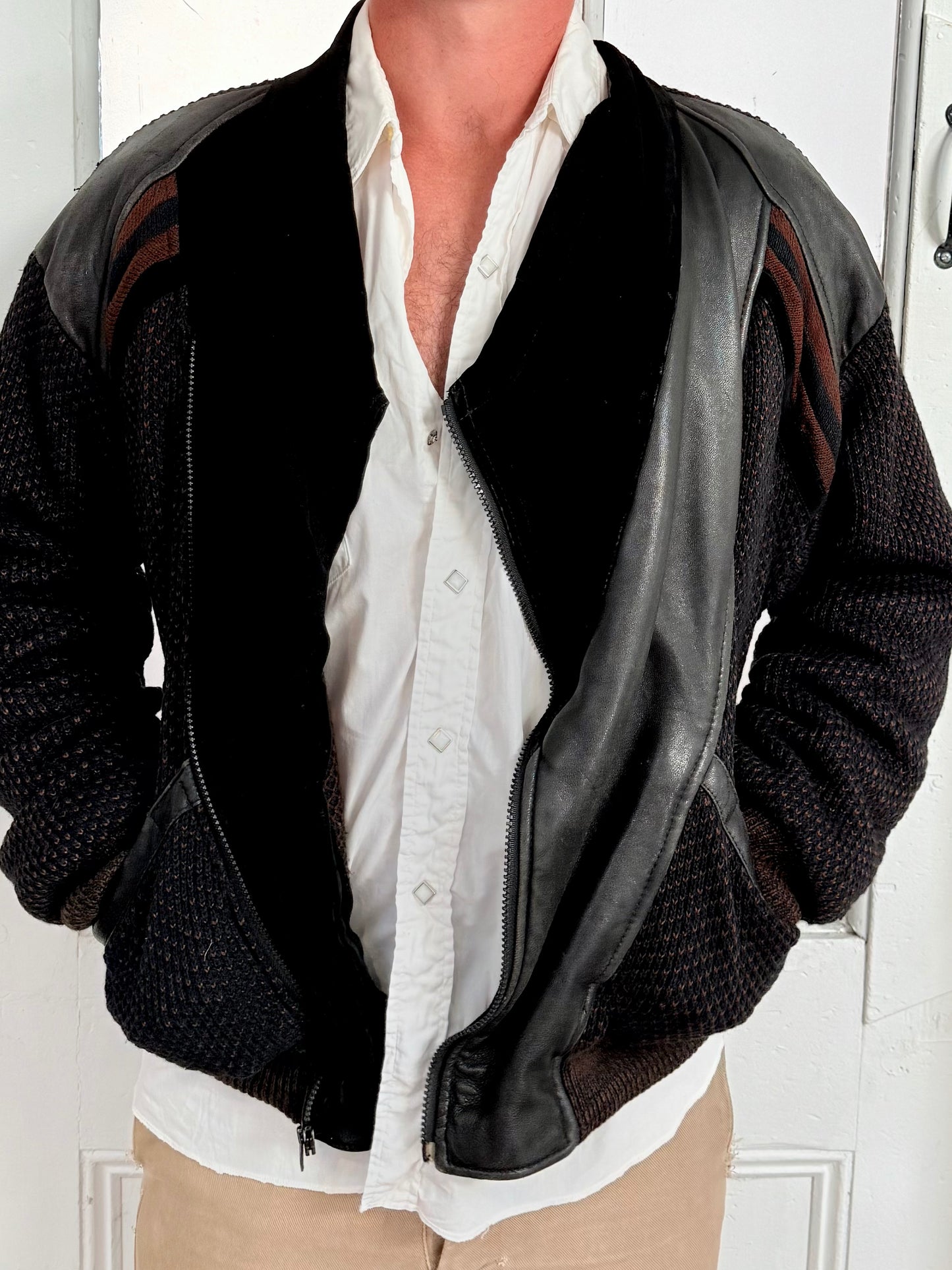 Vintage Saxony Knit, Shearling and Leather Coat